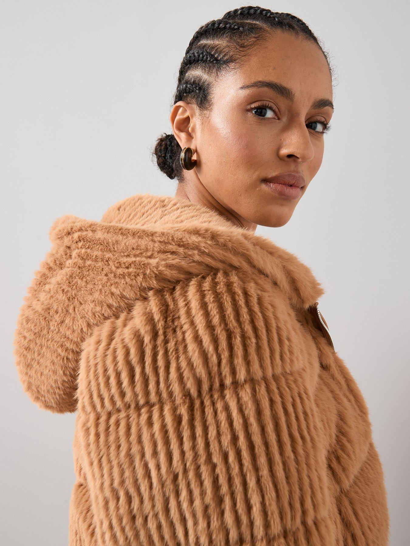  image of the-very-collection-faux-fur-hooded-padded-coat-caramel