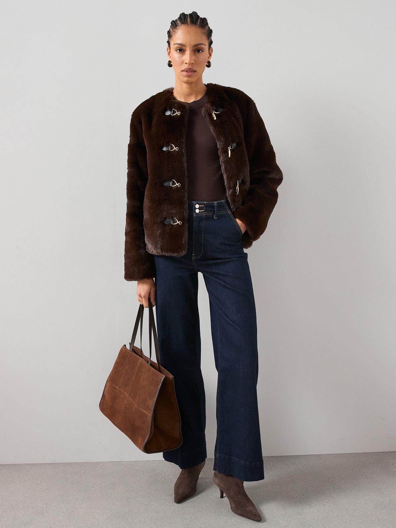 The Very Collection Faux Fur Collarless Jacket With Buckle Details - Brown
