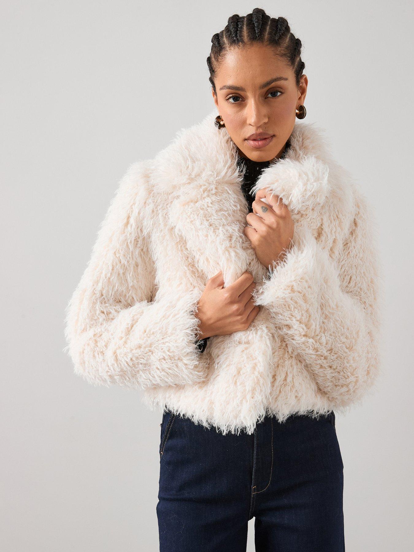 The Very Collection Short Mongolian Faux Fur Coat - Cream