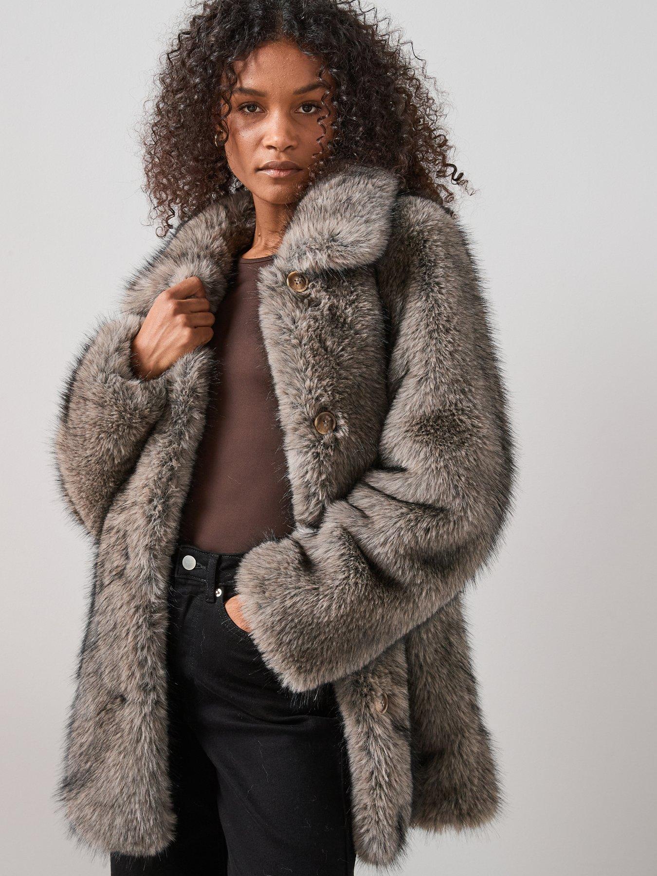  image of the-very-collection-faux-fur-coat-with-collar-dark-beige