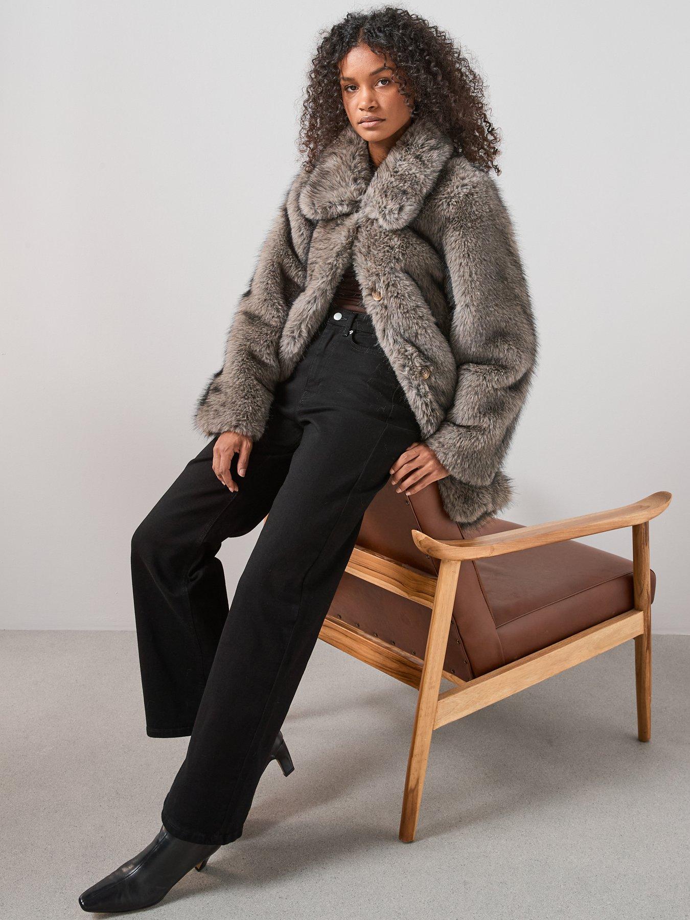  image of the-very-collection-faux-fur-coat-with-collar-dark-beige