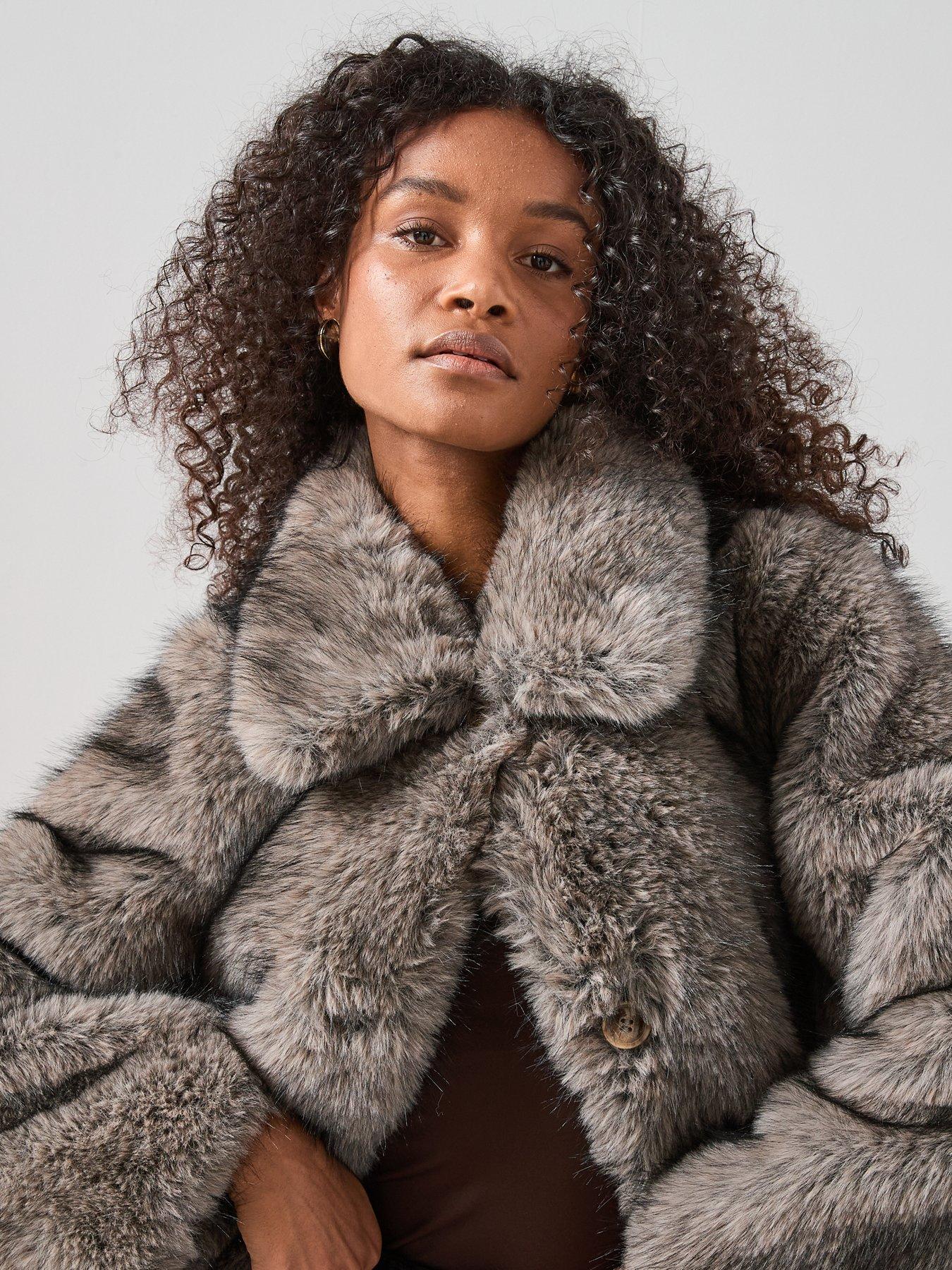  image of the-very-collection-faux-fur-coat-with-collar-dark-beige