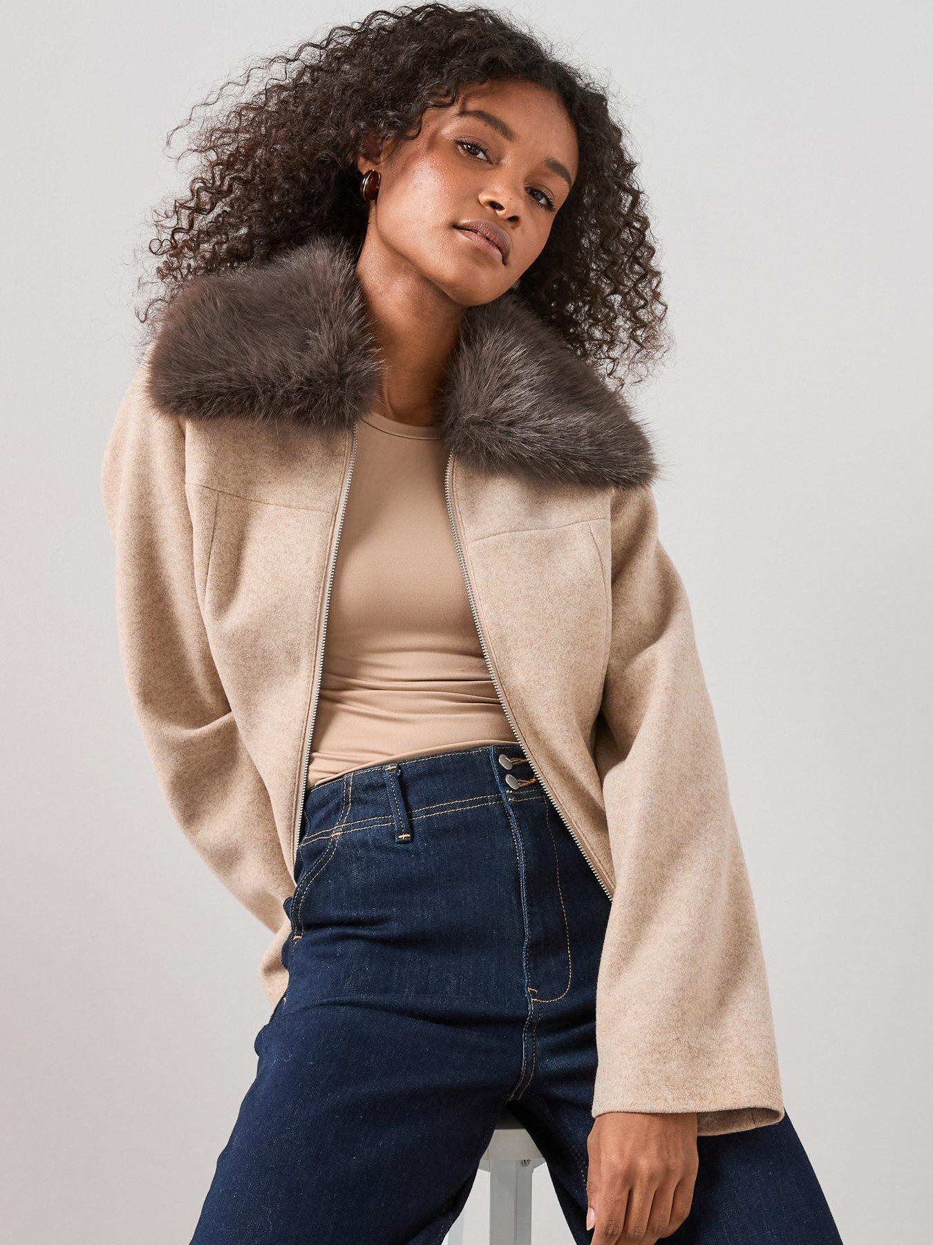 The Very Collection Faux Wool Harrington Jacket With Faux Fur Collar - Oatmeal