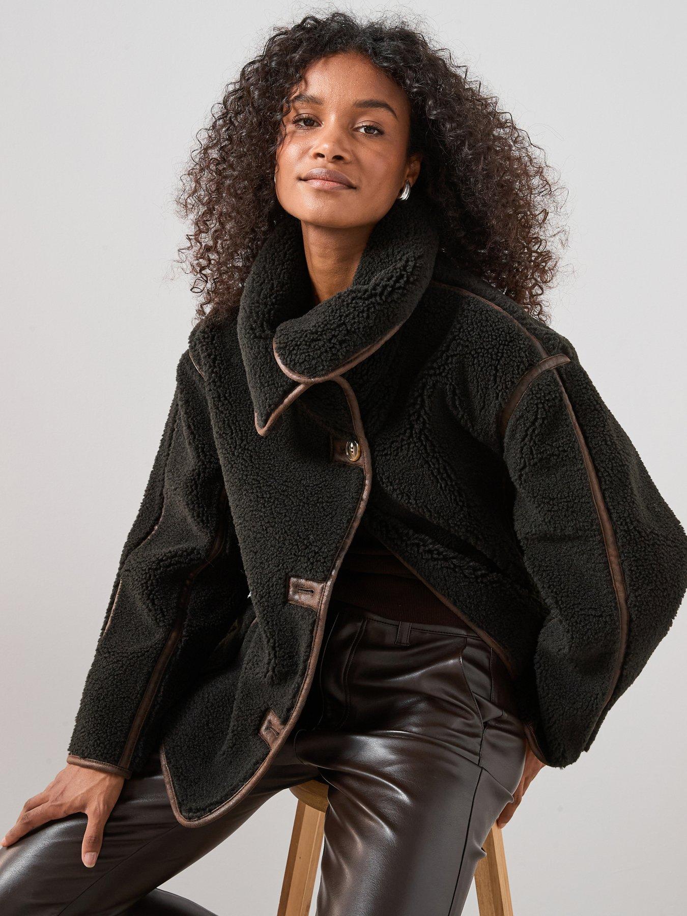 The Very Collection Pu Trim Faux Shearling Coat - Black