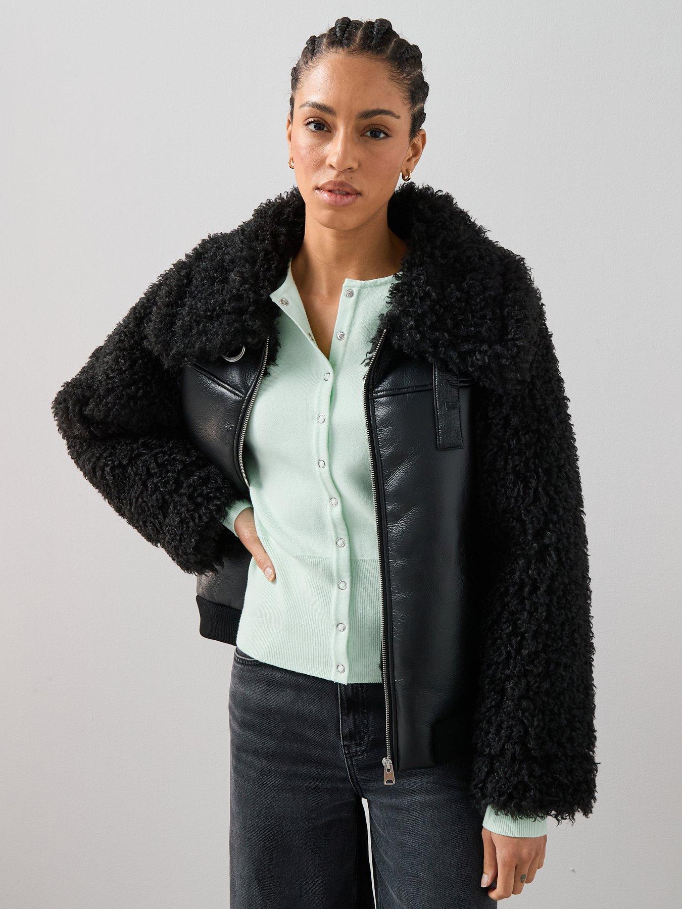 The Very Collection Faux Fur Shearling Trim Jacket - Black