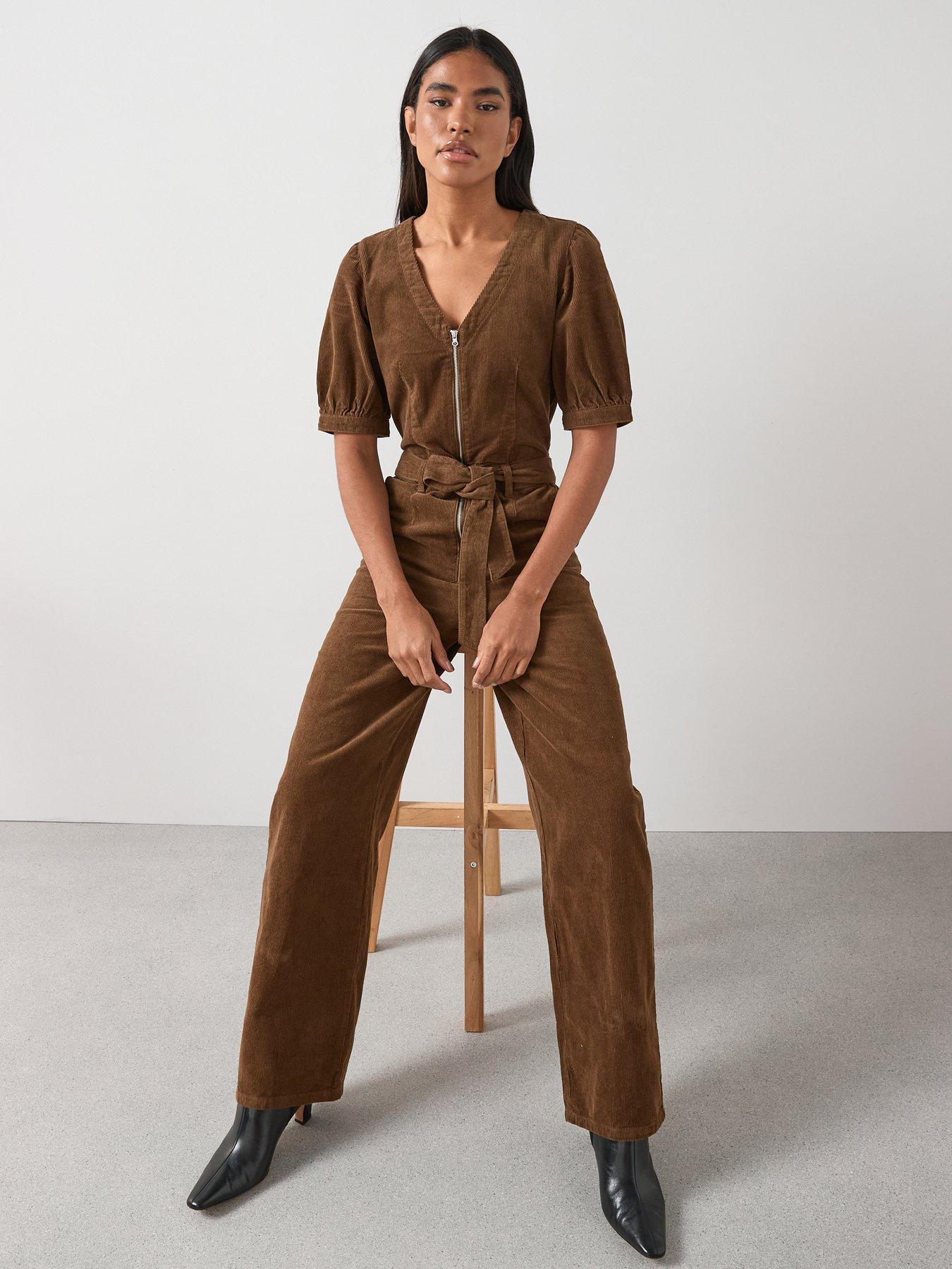  image of the-very-collection-v-neck-cord-zip-through-jumpsuit-beige