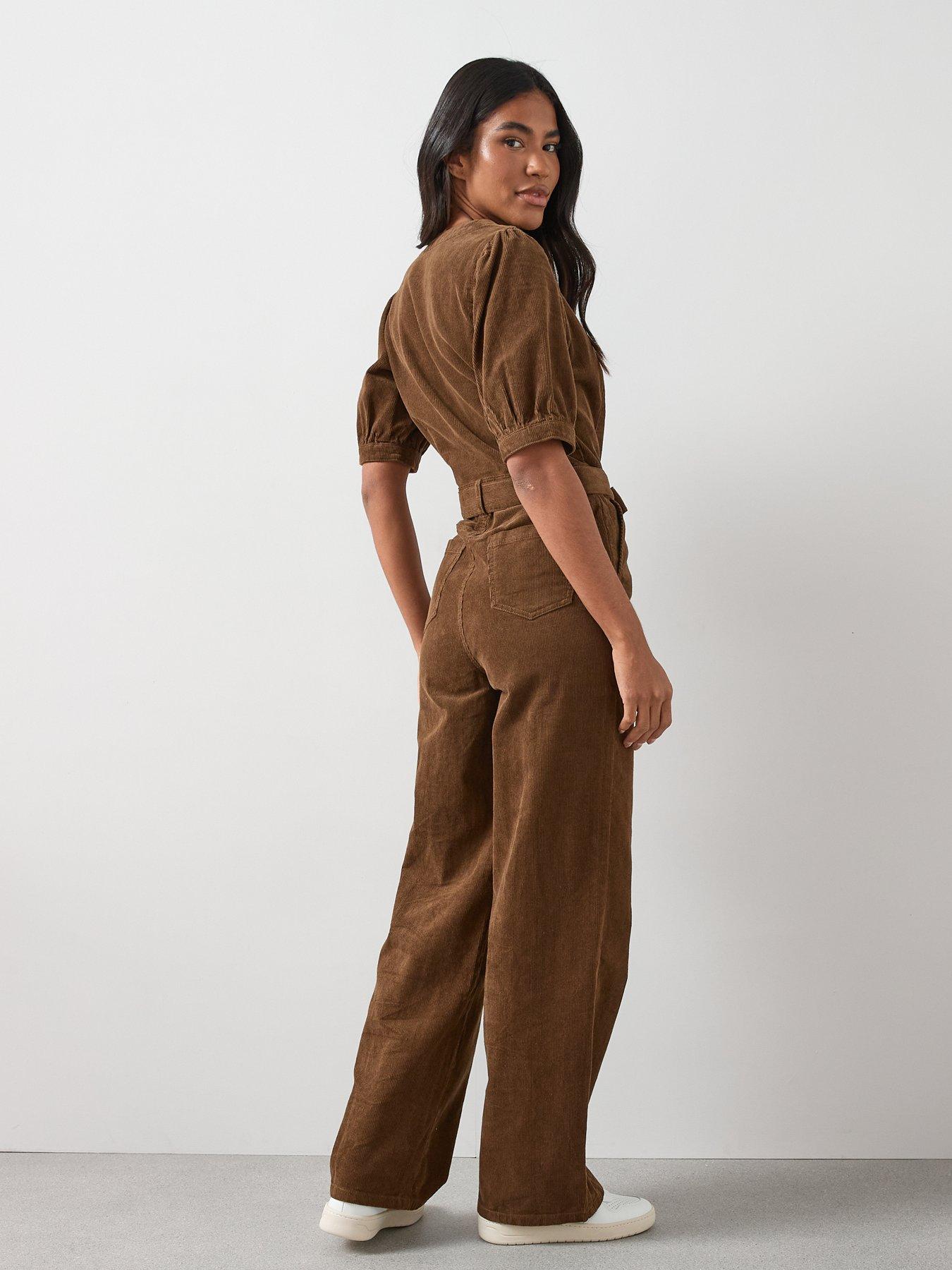  image of the-very-collection-v-neck-cord-zip-through-jumpsuit-beige