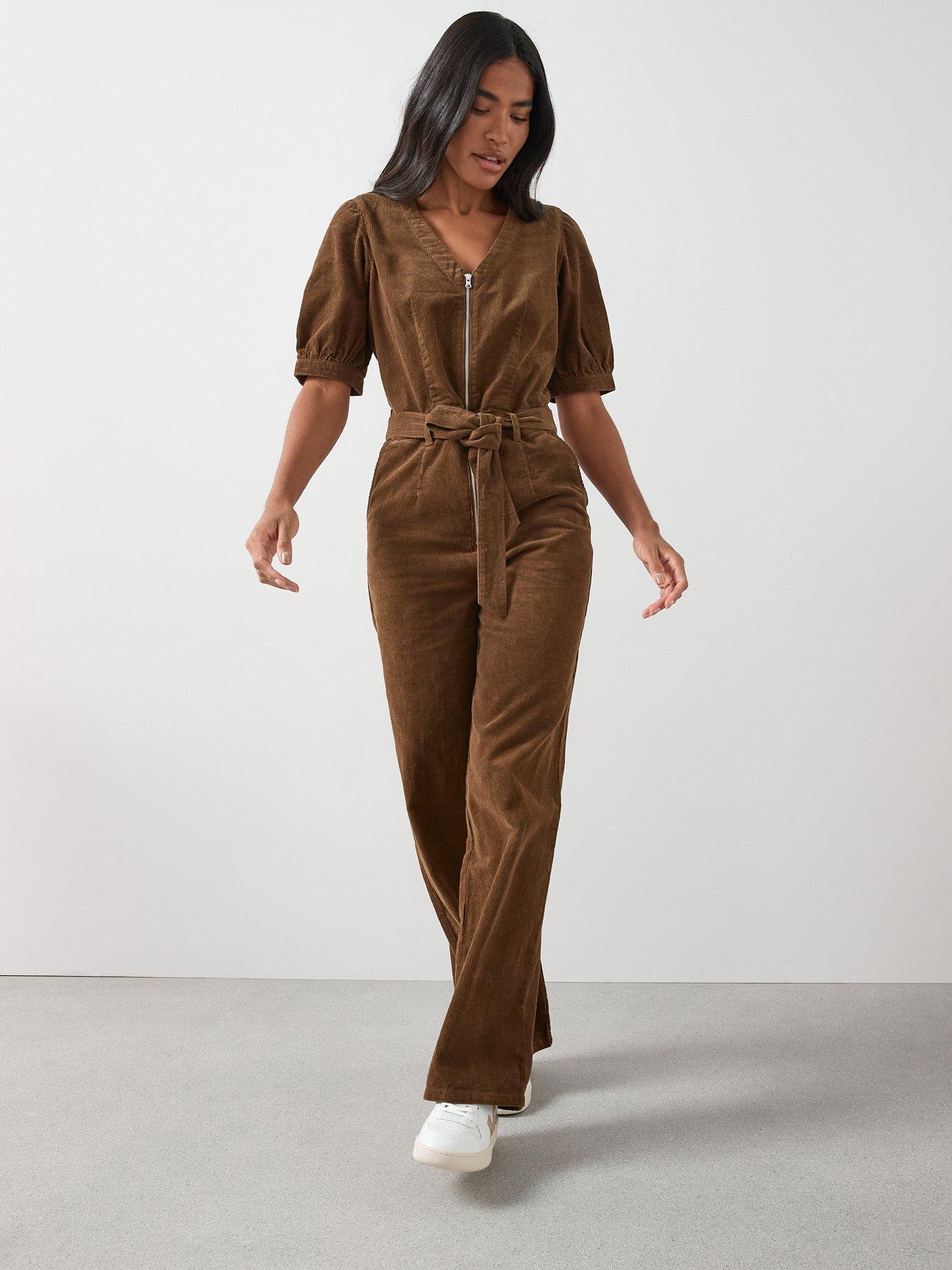  image of the-very-collection-v-neck-cord-zip-through-jumpsuit-beige