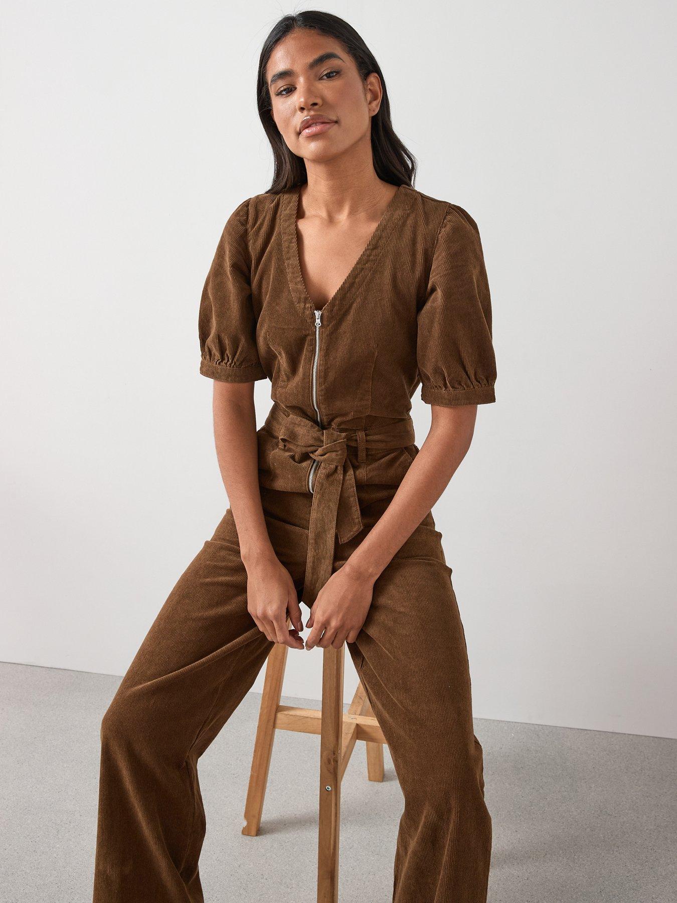  image of the-very-collection-v-neck-cord-zip-through-jumpsuit-beige