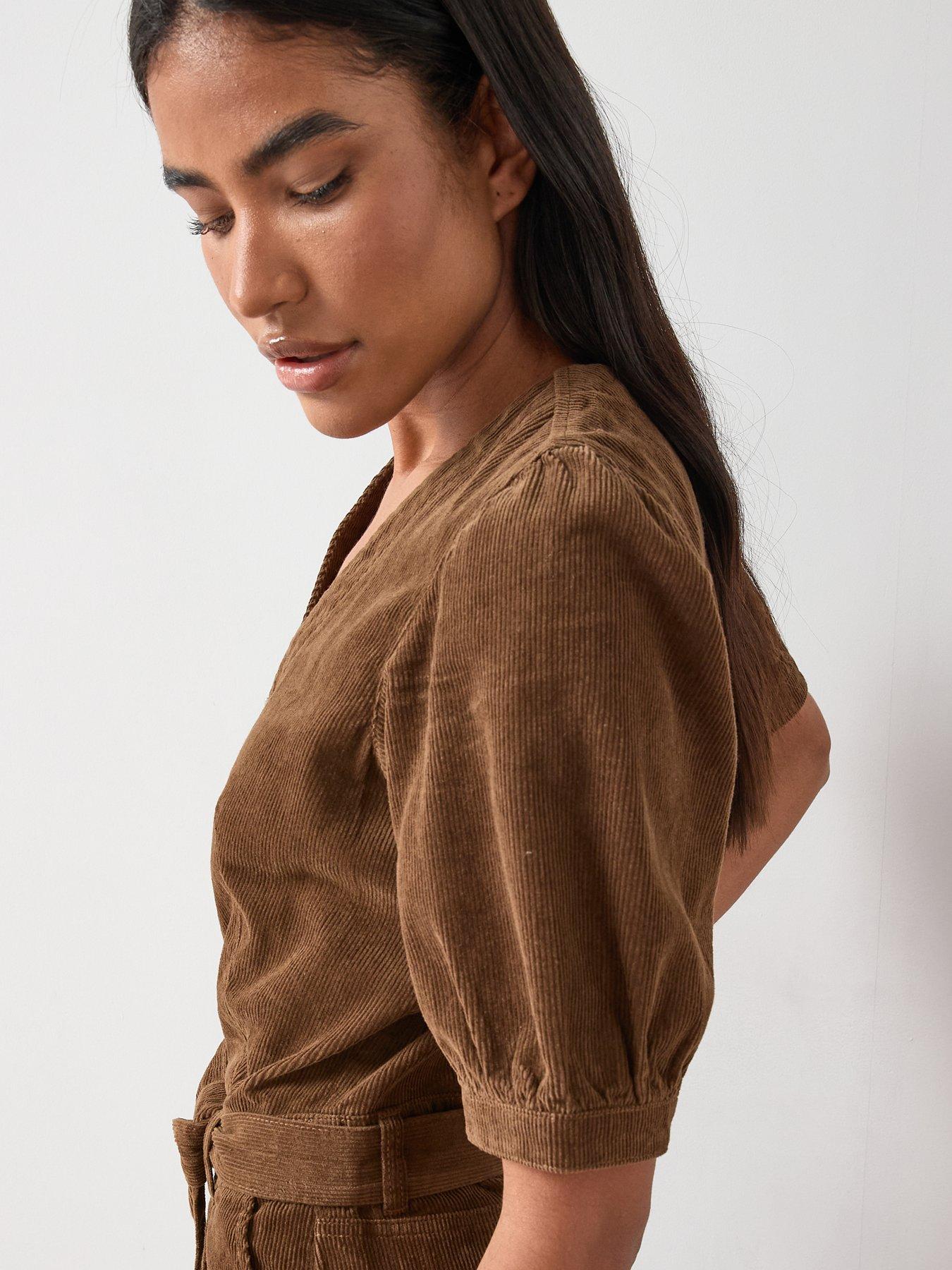  image of the-very-collection-v-neck-cord-zip-through-jumpsuit-beige