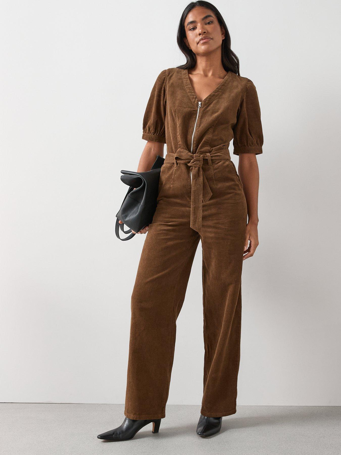  image of the-very-collection-v-neck-cord-zip-through-jumpsuit-beige