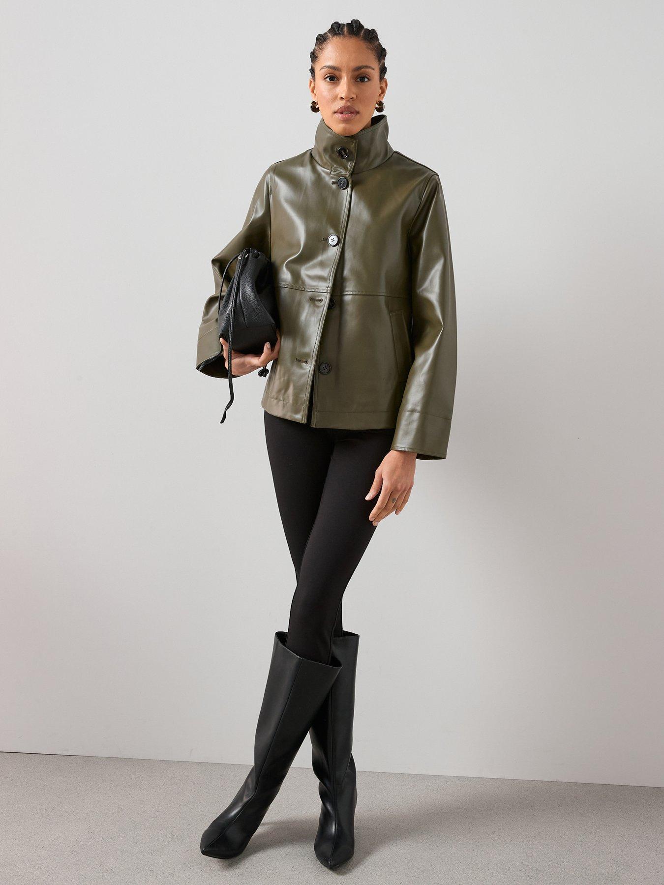  image of the-very-collection-pu-coated-cotton-funnel-neck-jacket-khaki