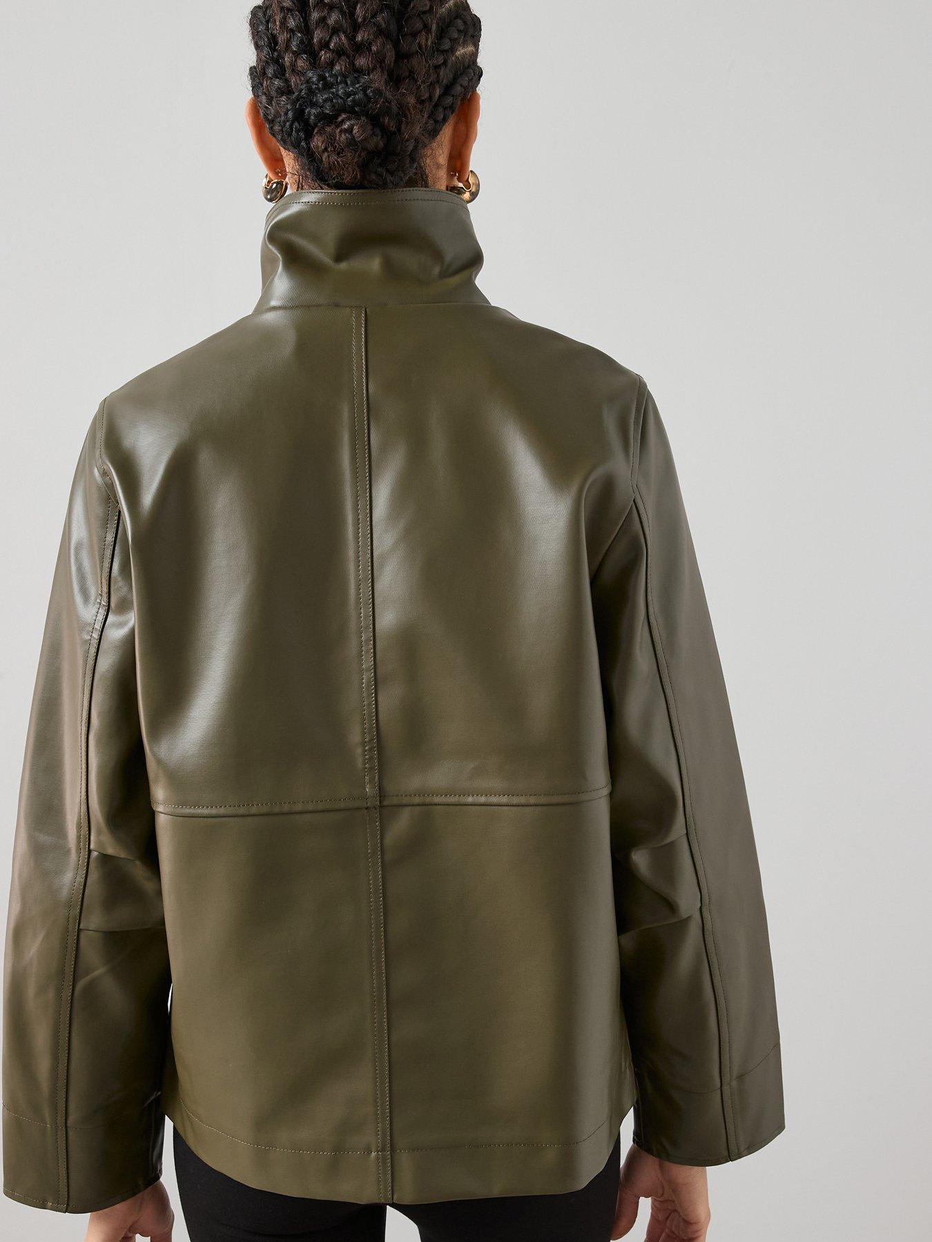  image of the-very-collection-pu-coated-cotton-funnel-neck-jacket-khaki