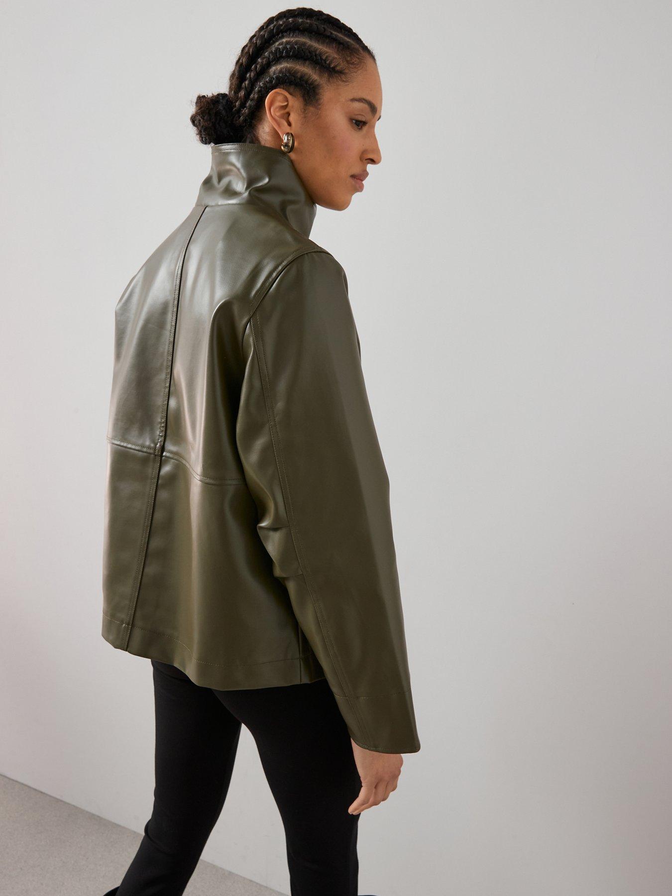  image of the-very-collection-pu-coated-cotton-funnel-neck-jacket-khaki