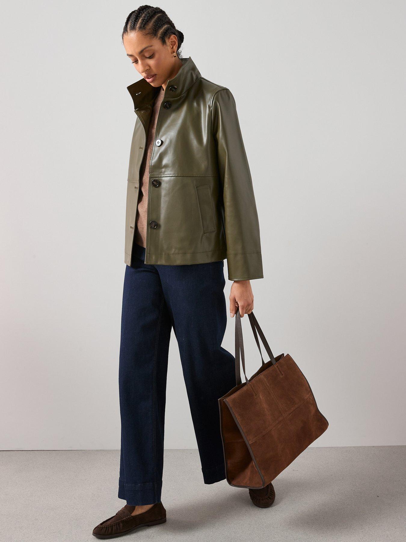  image of the-very-collection-pu-coated-cotton-funnel-neck-jacket-khaki