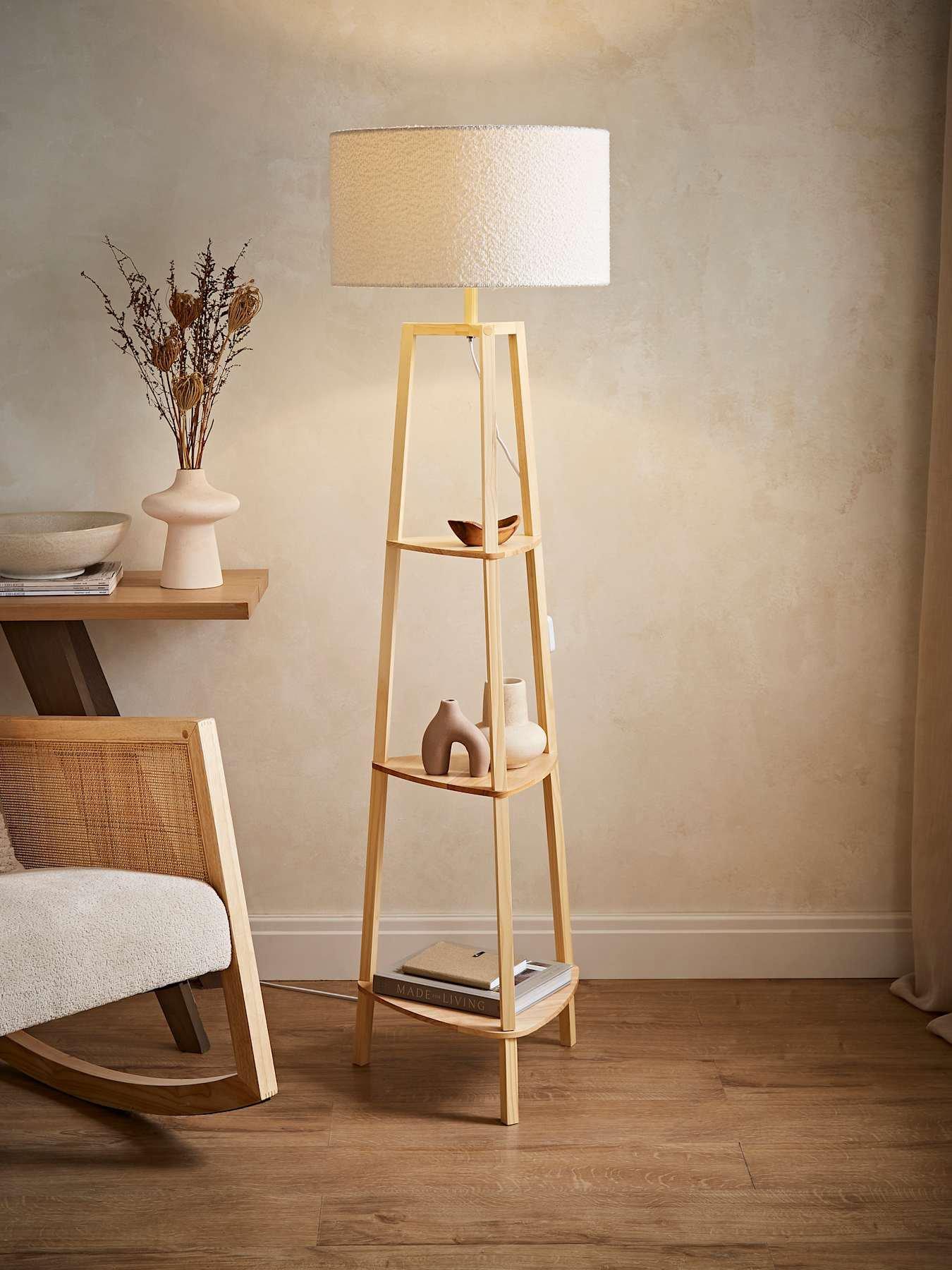 ValueLights Hiru 3 Tier Shelf Wooden Floor Lamp with Large Boucle Reni Shade