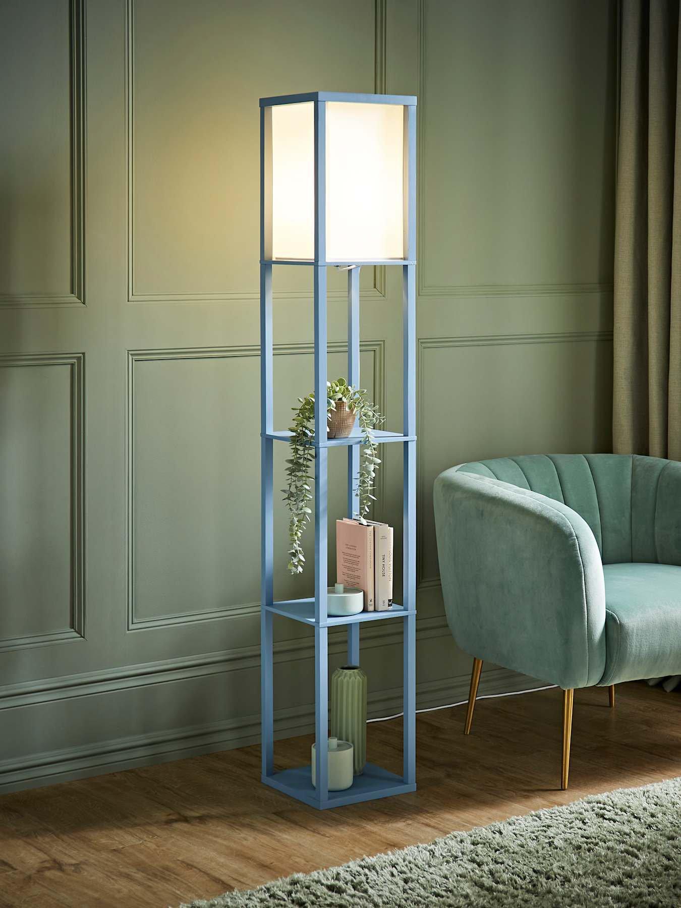ValueLights Struttura Pastel Wood Shelving Square Floor Lamp with Fabric Shade