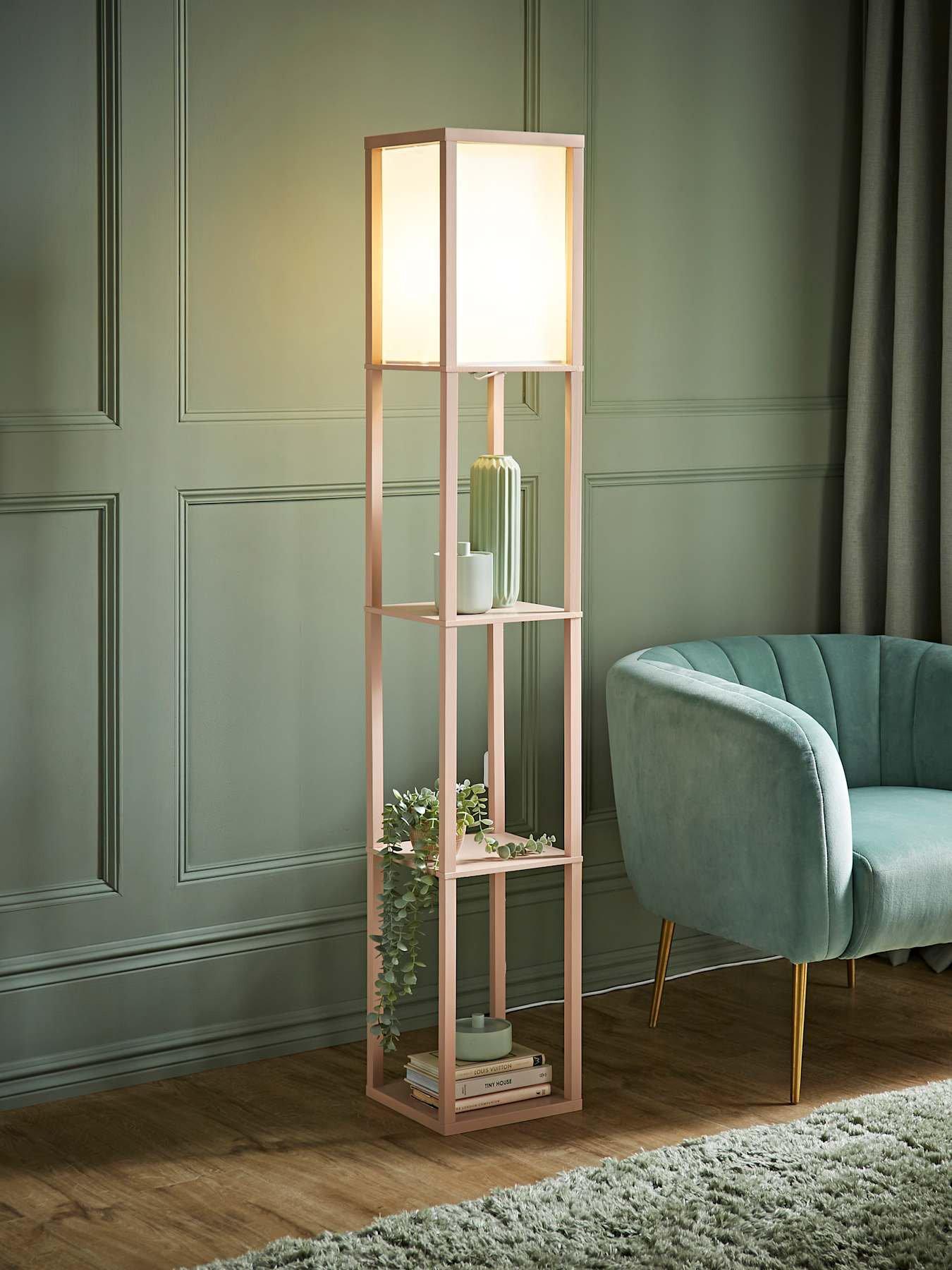 ValueLights Struttura Pastel Wood Shelving Square Floor Lamp with Fabric Shade