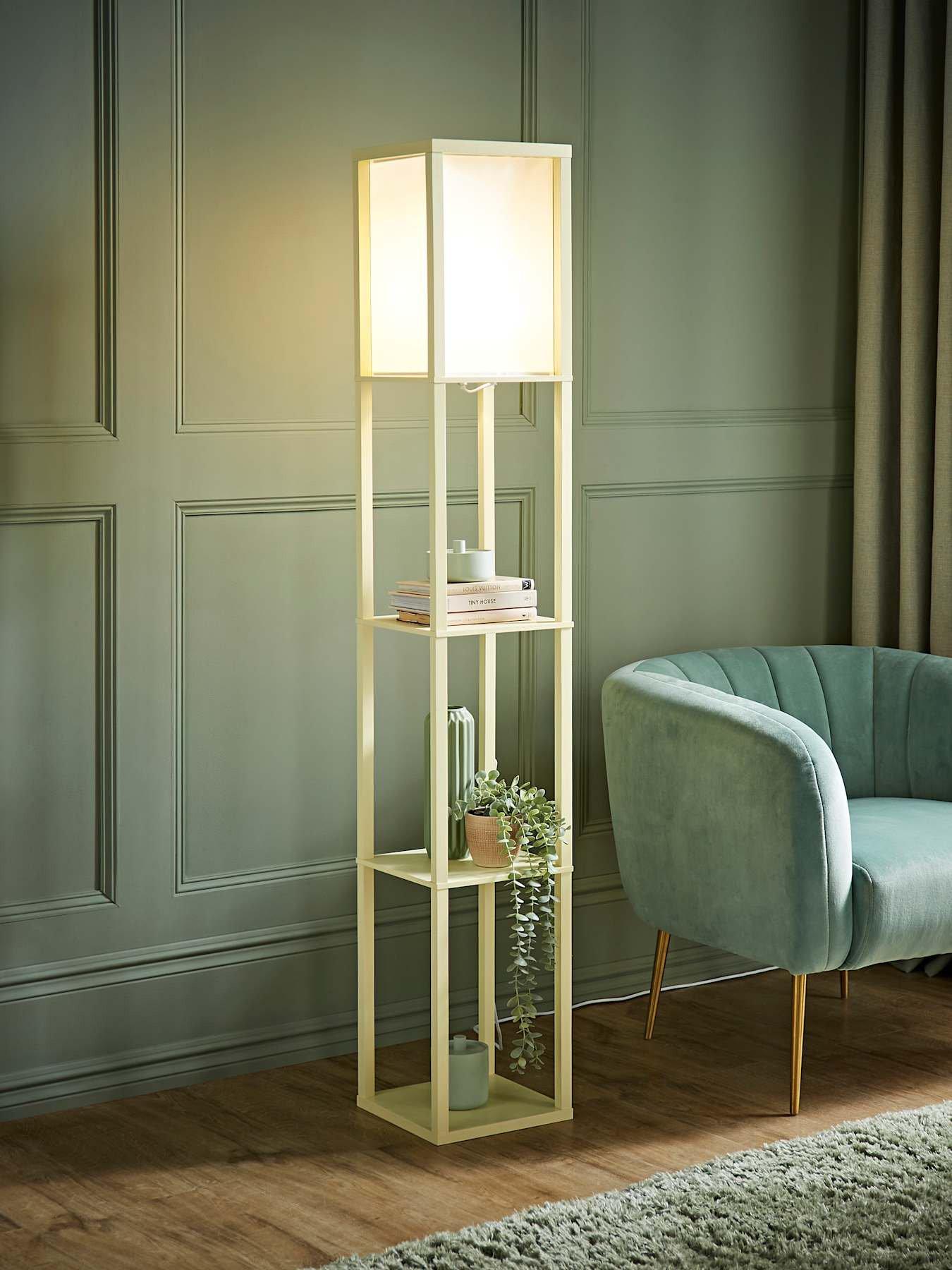 ValueLights Struttura Pastel Wood Shelving Square Floor Lamp with Fabric Shade