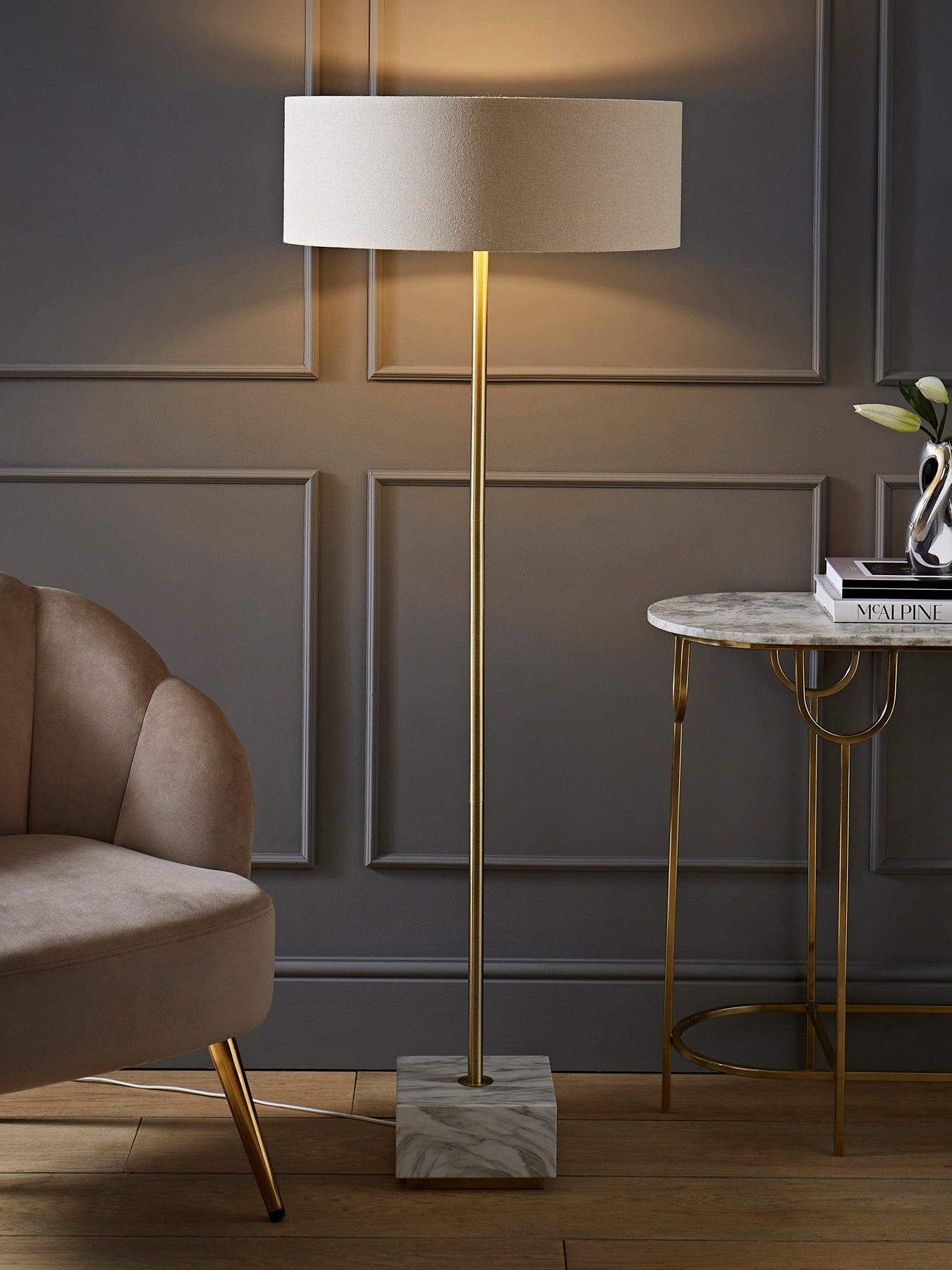 undefined Britney Marble Floor Lamp With Natural Linen Drum Shade