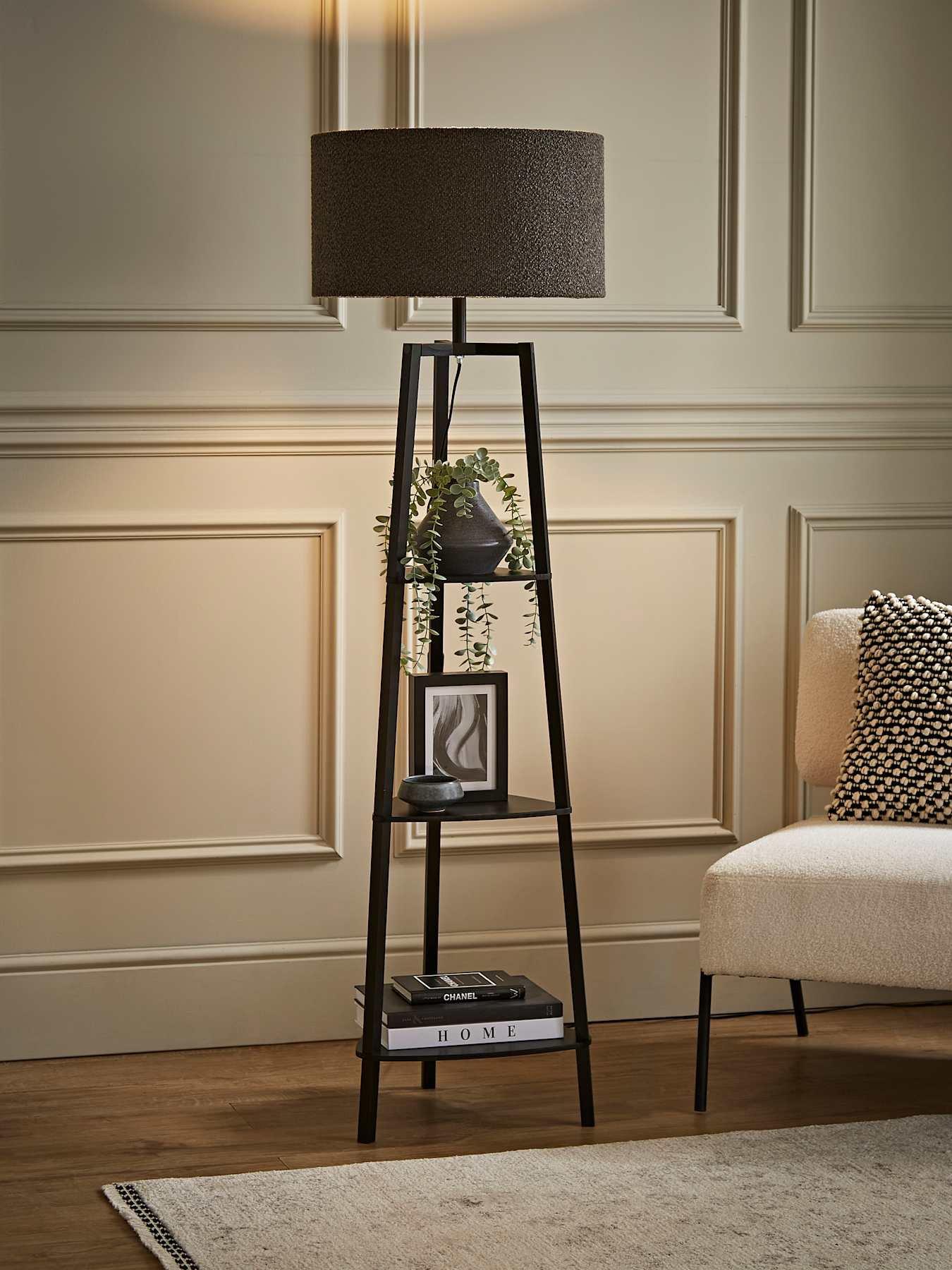 ValueLights Hiru 3 Tier Shelf Wooden Floor Lamp with Large Boucle Reni Shade