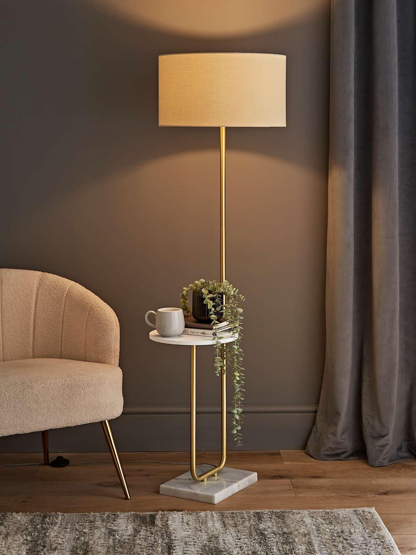 ValueLights Tavel Brushed Gold Floor Lamp With Table And Natural Shade