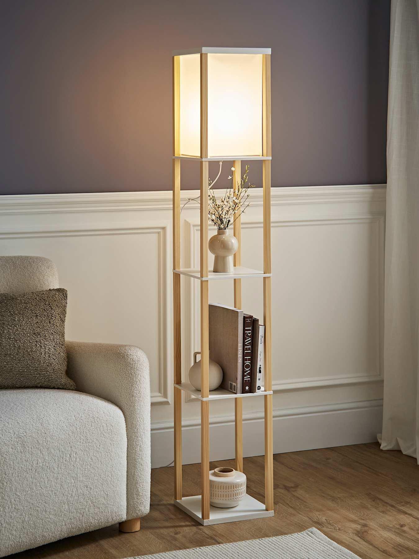ValueLights Struttura Wooden Shelves Floor Lamp with Fabric Shade