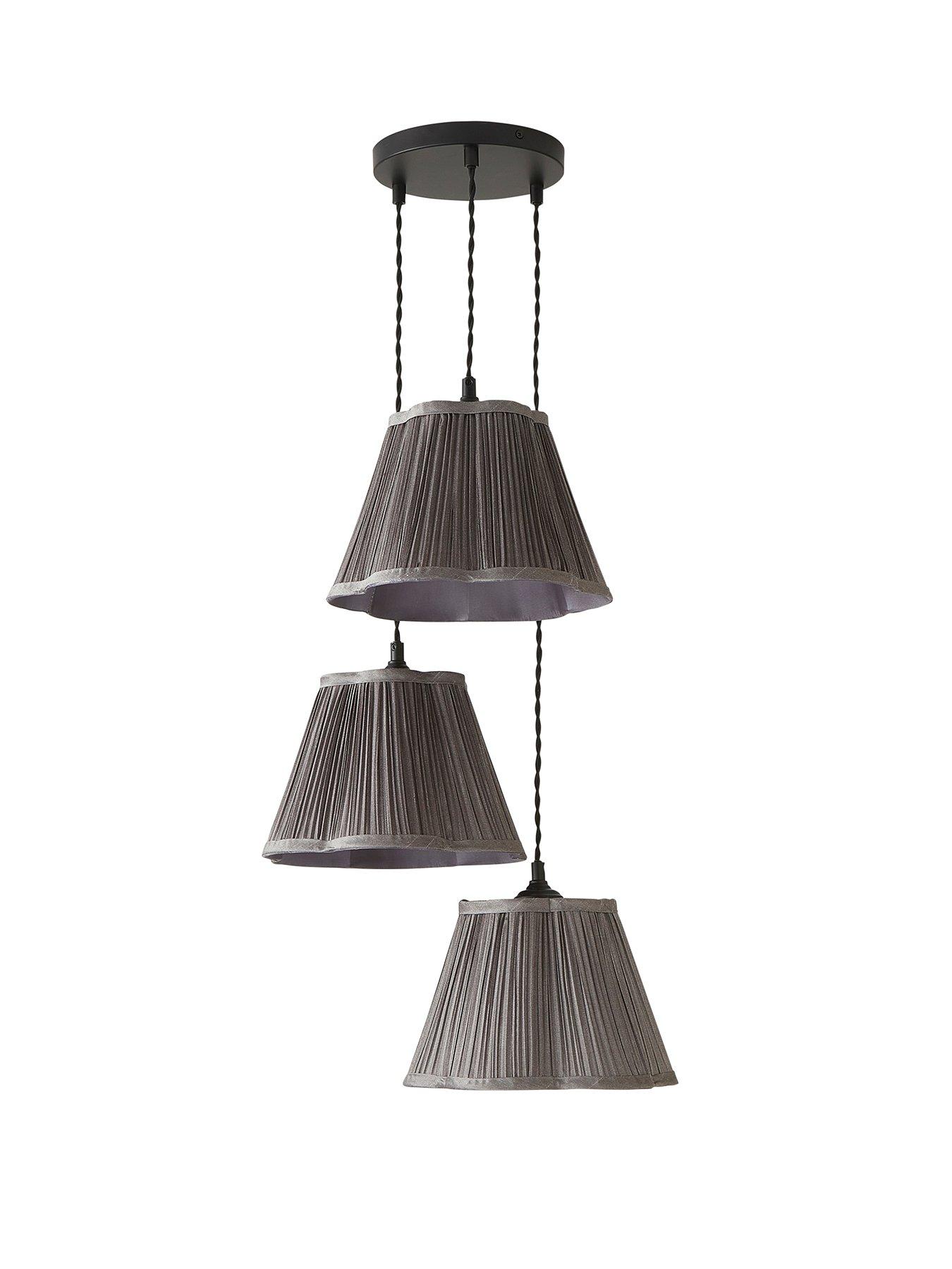 Image 2 of 6 of ValueLights Loralei Grey Pleated Faux Silk 3 Drop Cluster Matte Black Ceiling Pendant Light