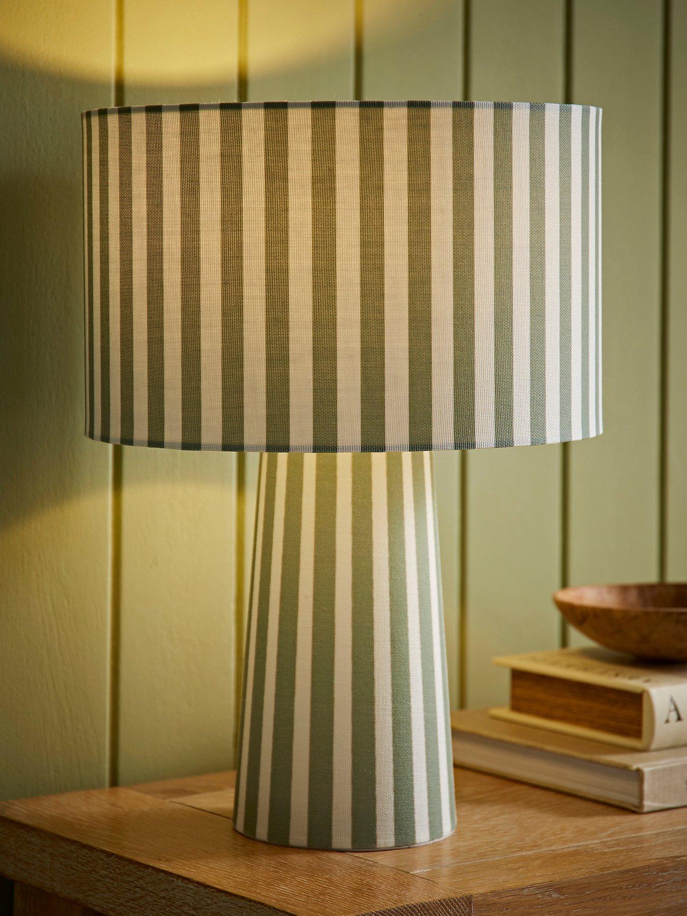 Image 1 of 5 of ValueLights Thorley Green And Cream Stripe Full Fabric Table Lamp