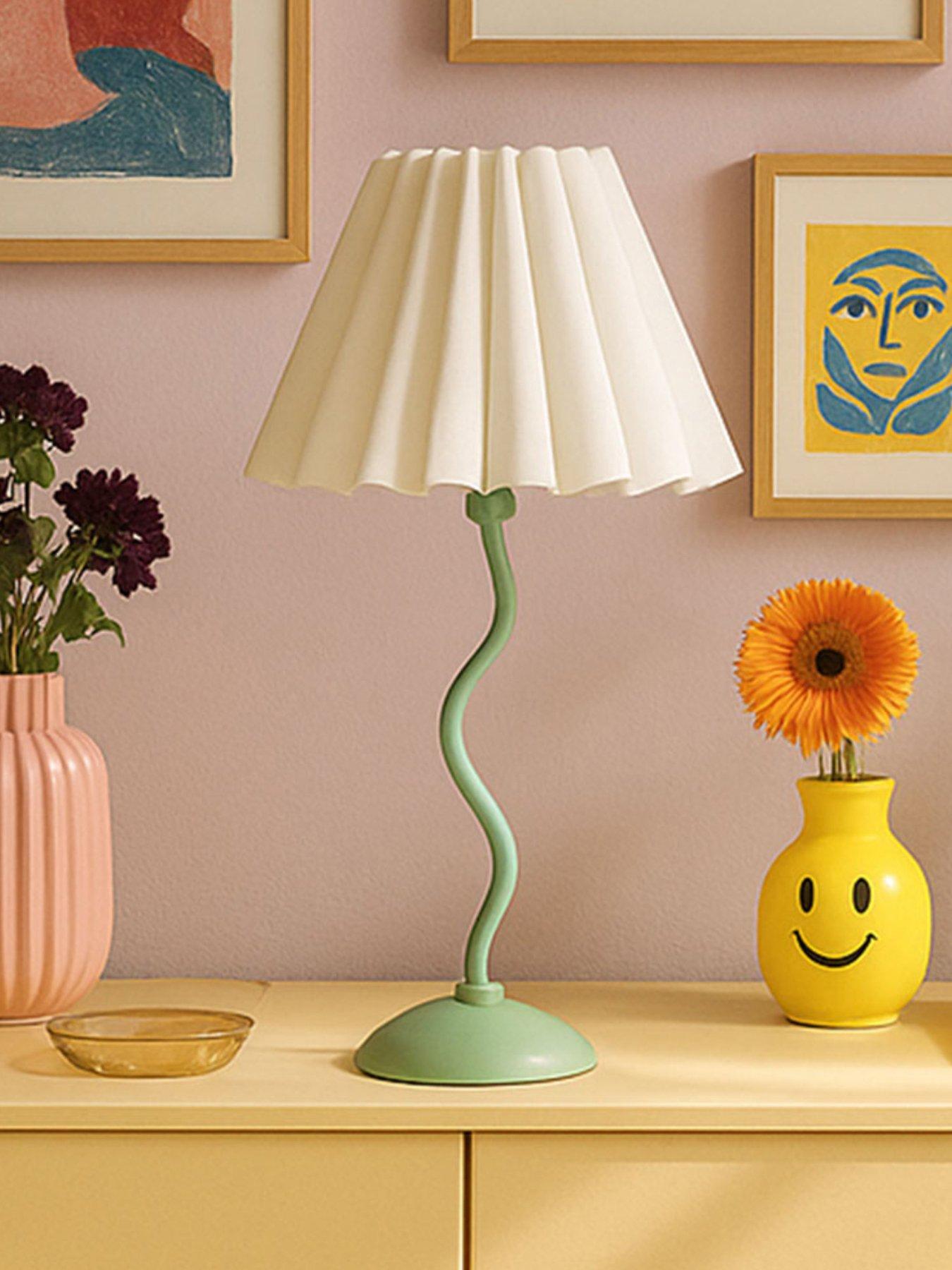undefined Wiggle Moss Green Table Lamp With White Pleated Scallop Shade