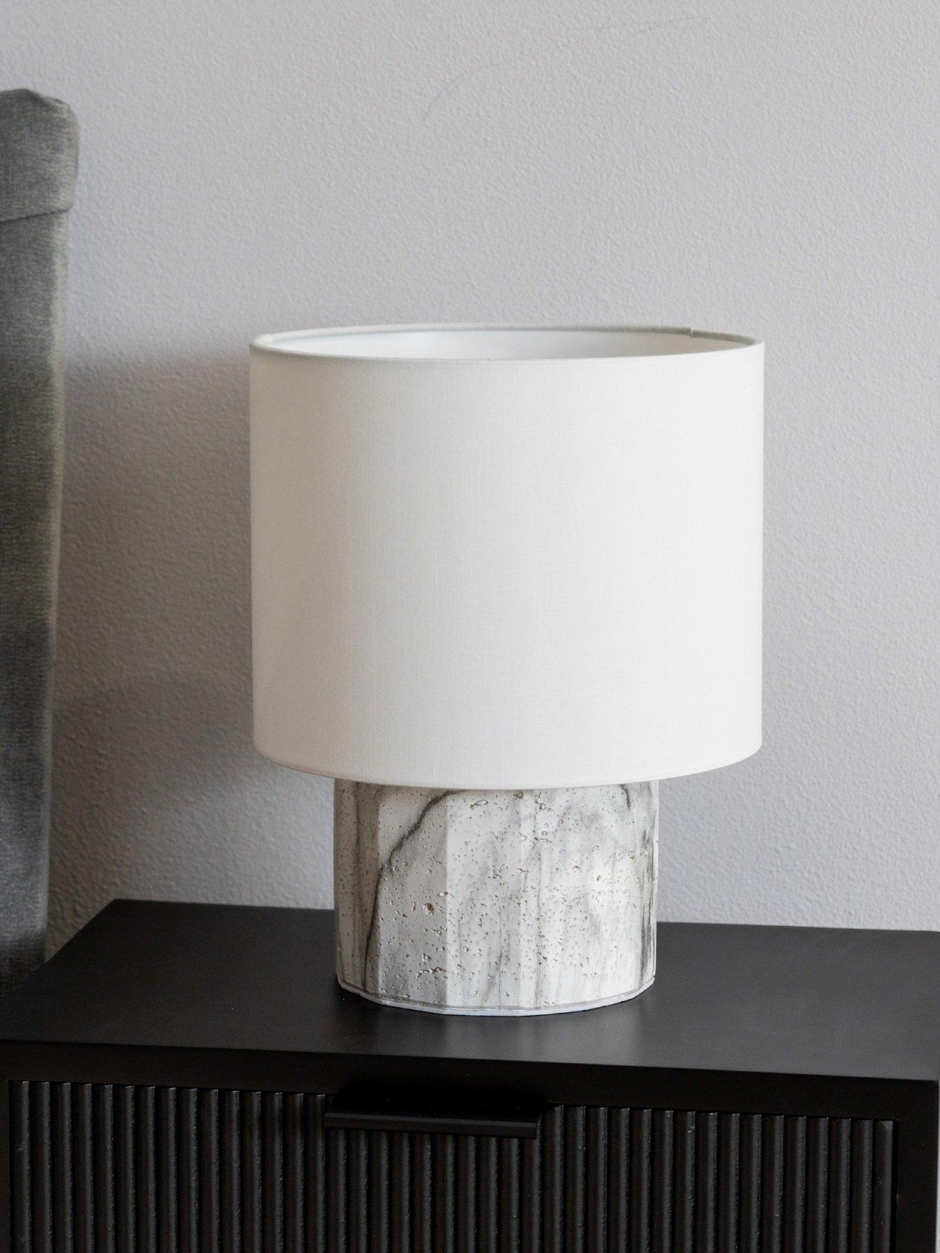 undefined Melanie White Marble Effect Table Lamp With Linen Shade