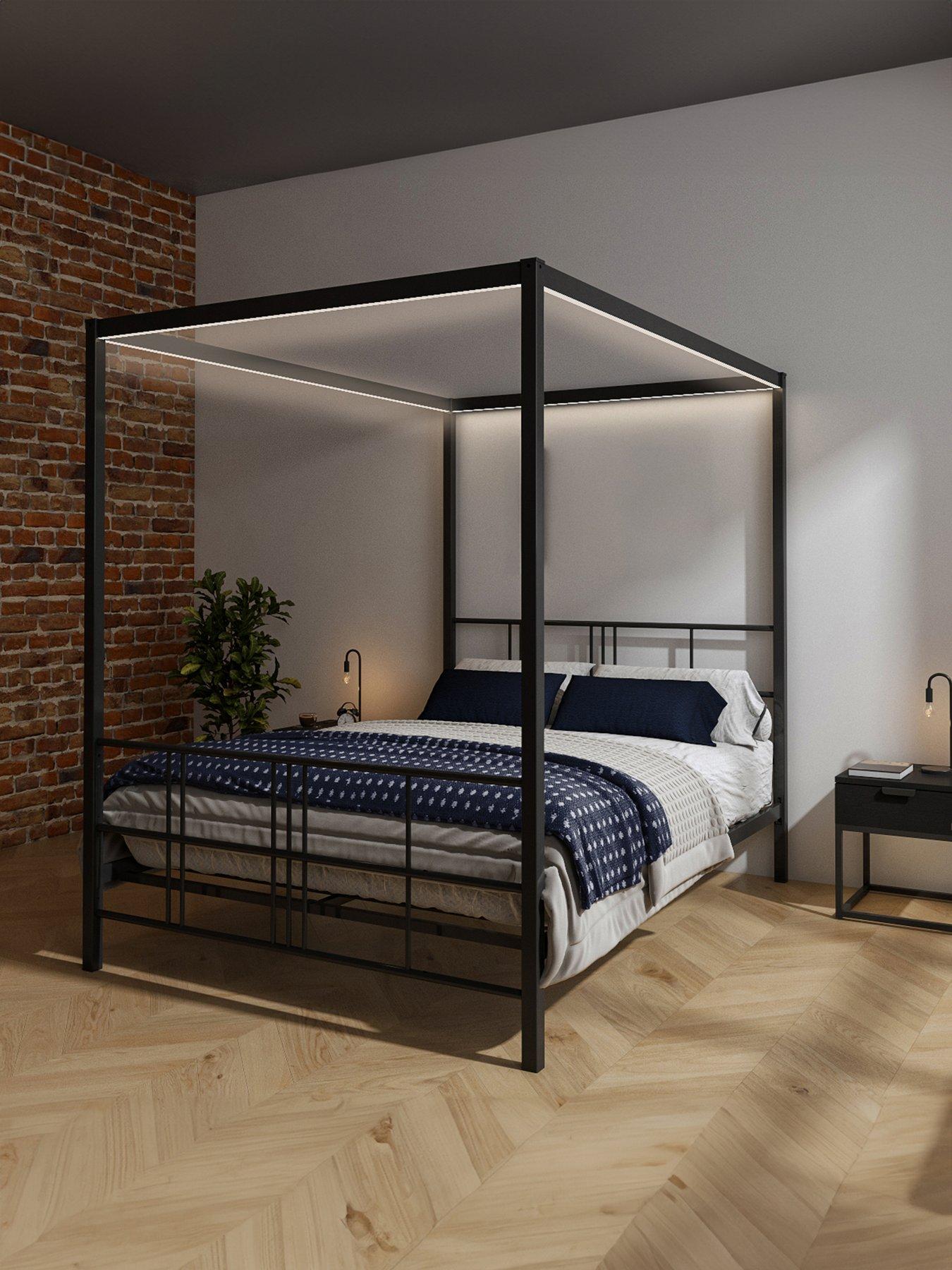 Image 1 of 7 of XR Living Fern 4 Poster Canopy Bed With White Soft Glow LED Light - Black