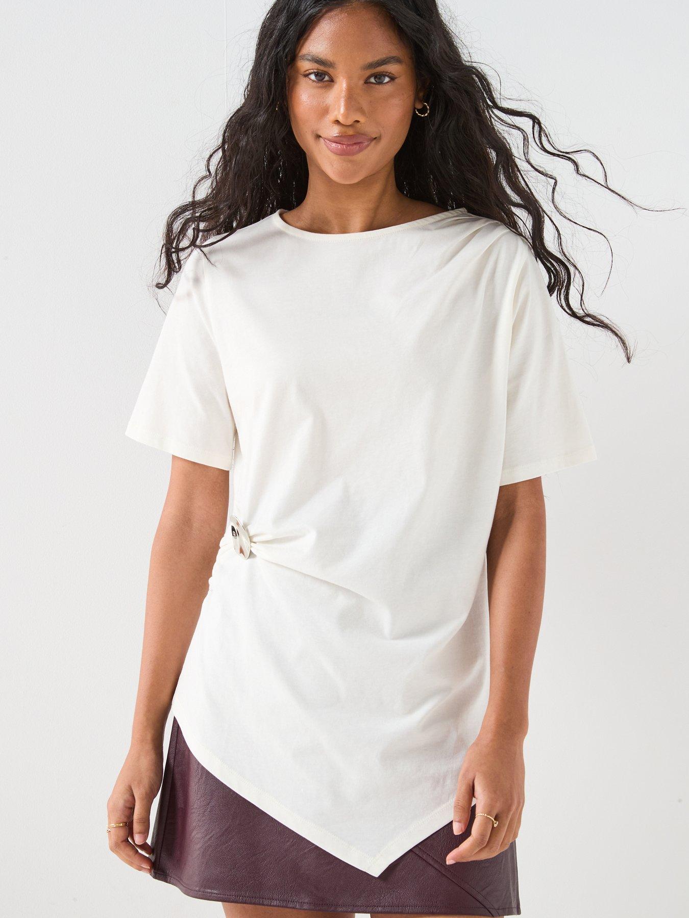 V by Very Asymmetric Metal Trim Detail T-shirt - Neutral