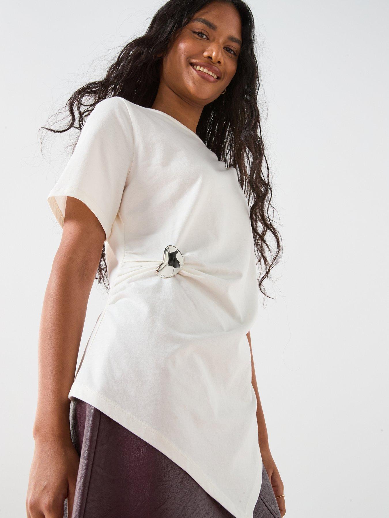 Image 6 of 6 of V by Very Asymmetric Metal Trim Detail T-shirt - Neutral