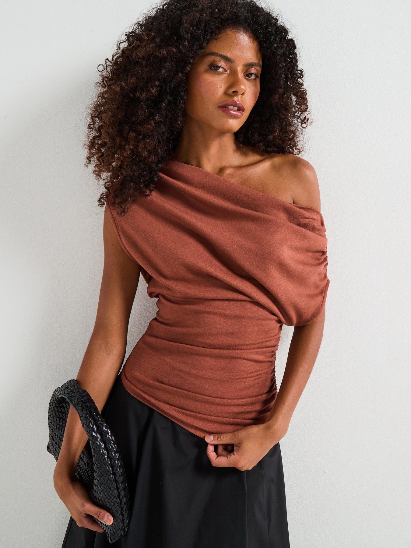 V by Very Off Shoulder Ruched Asymmetric Top - Brown