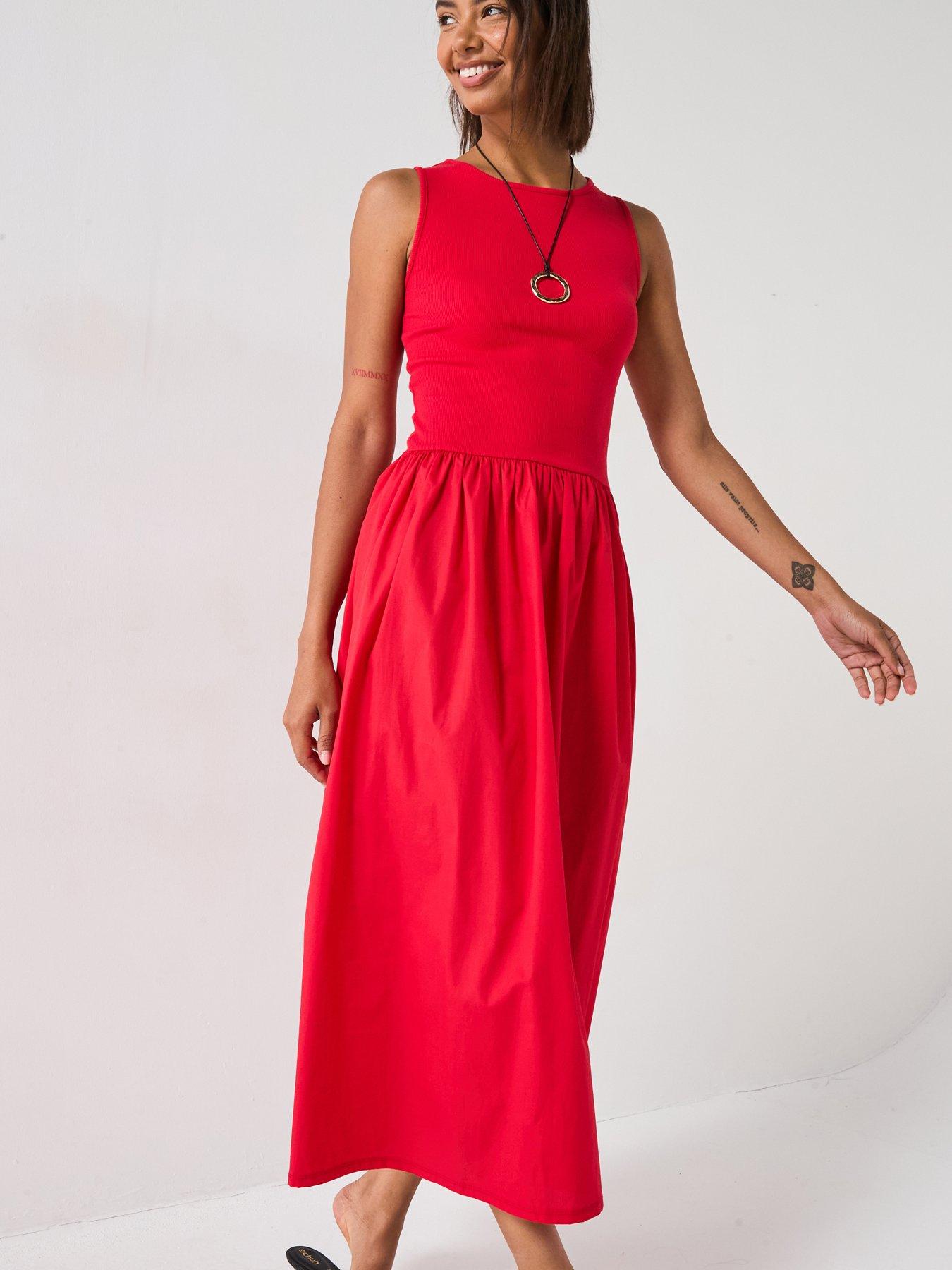 undefined Woven Mix Midaxi Dress- Red