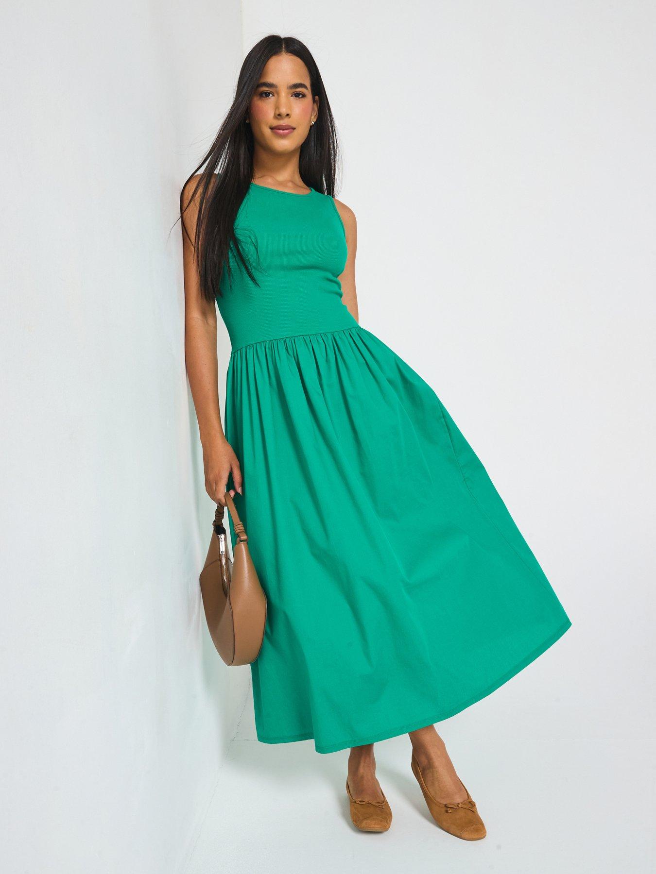 undefined Woven Mix Midaxi Dress- Green