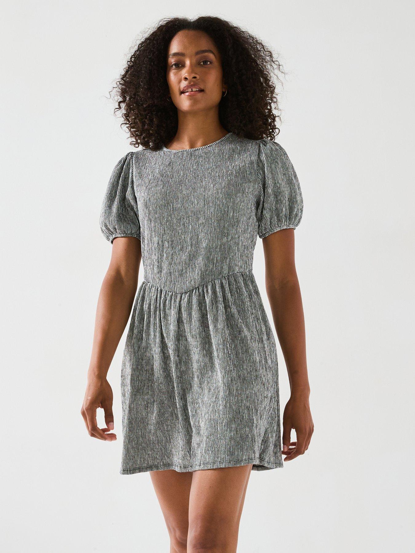 V by Very Gingham Waist Detail Skater Mini Dress - Black