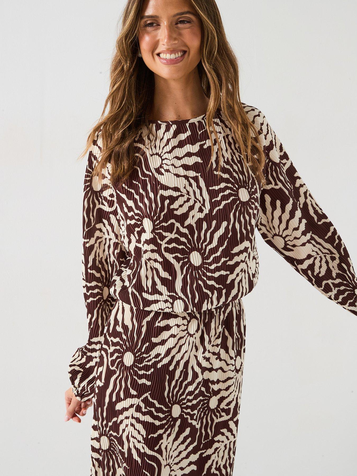 V by Very Plisse Bubble Hem Top Co-Ord - Print
