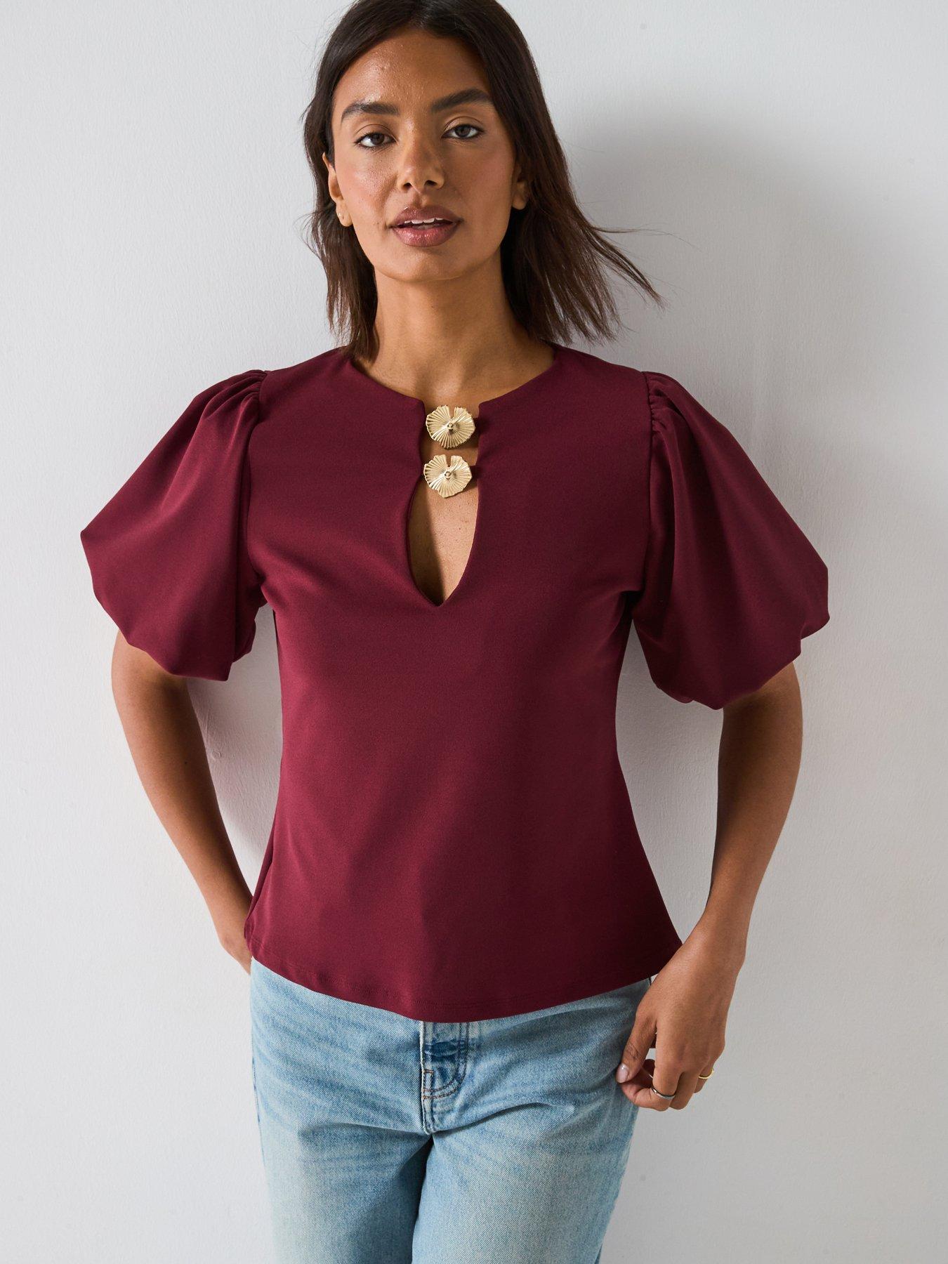 V by Very Puff Sleeve Gold Trim Top - Red