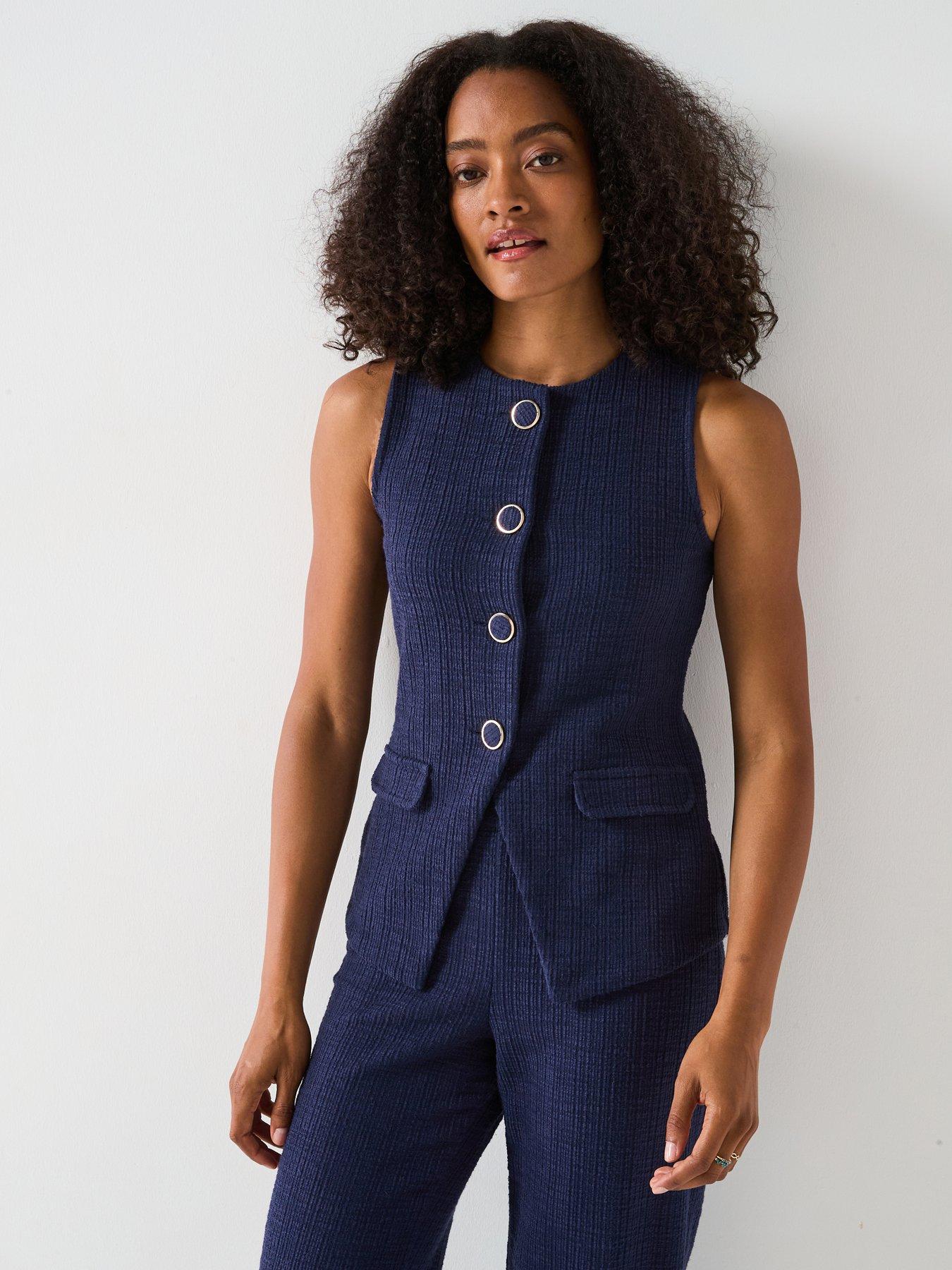 undefined Boucle Button Up Waistcoat Top - Navy