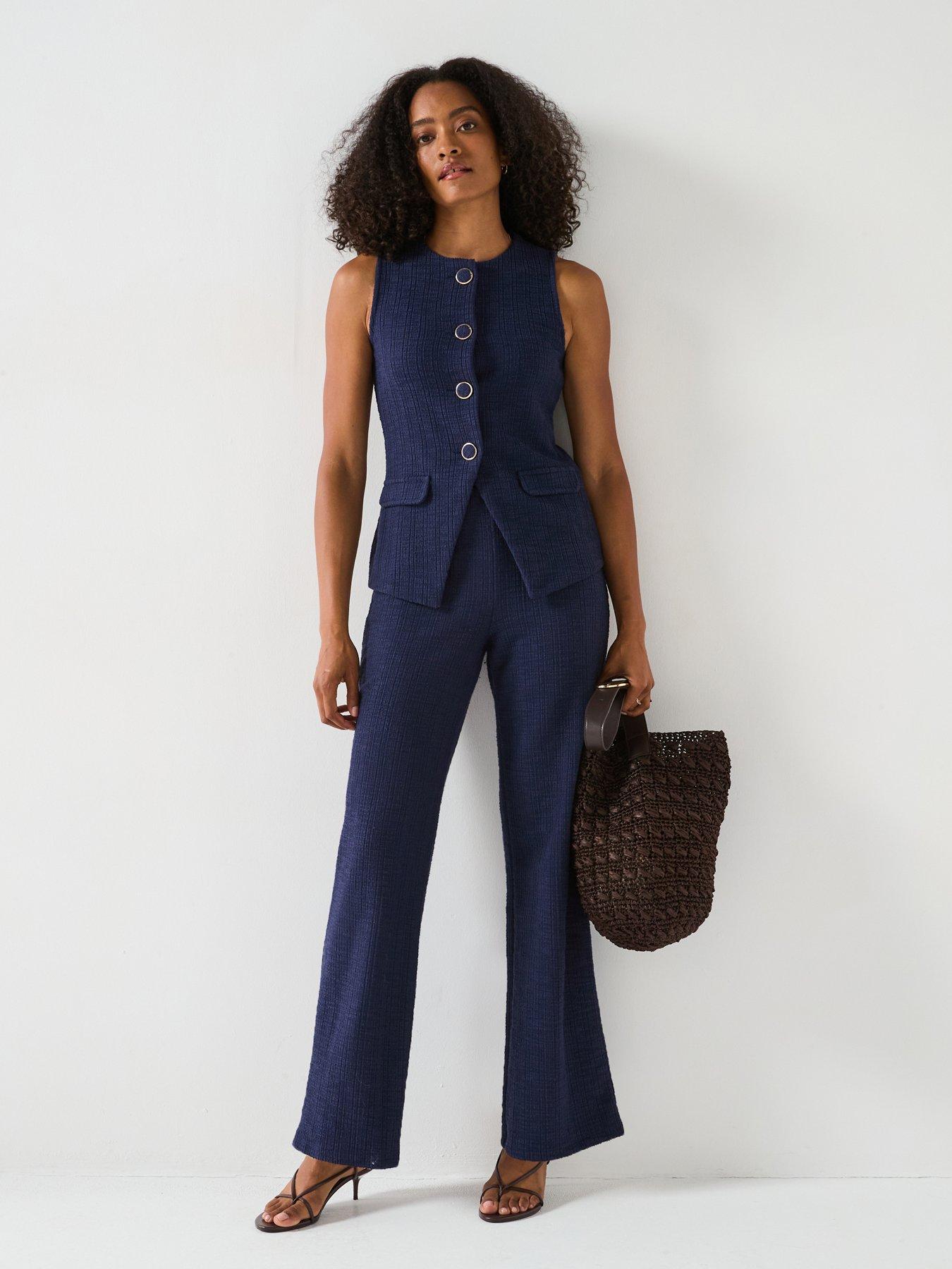 undefined Boucle Wide Leg Trouser - Navy