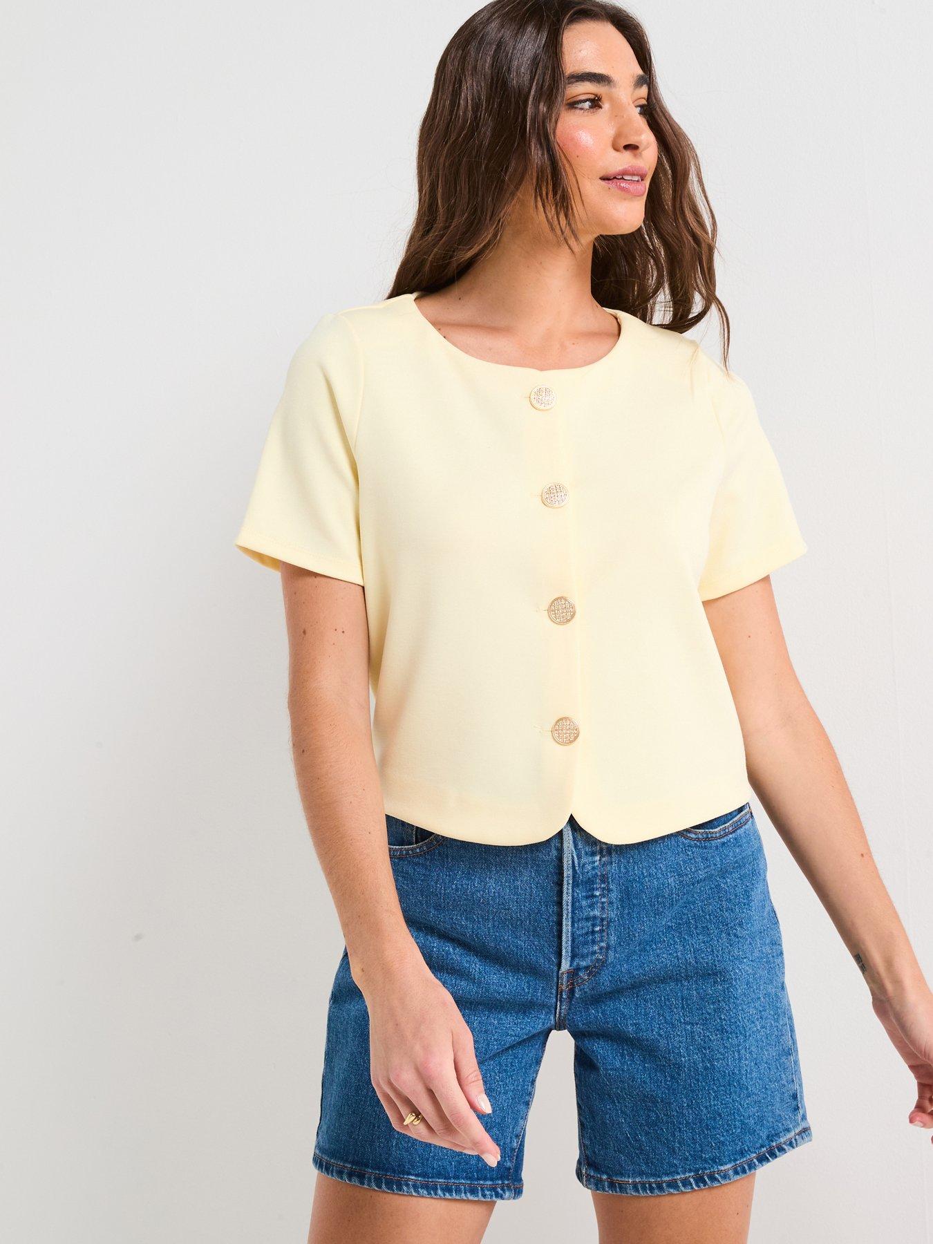 V by Very Button Up Short Sleeve Top - Lemon