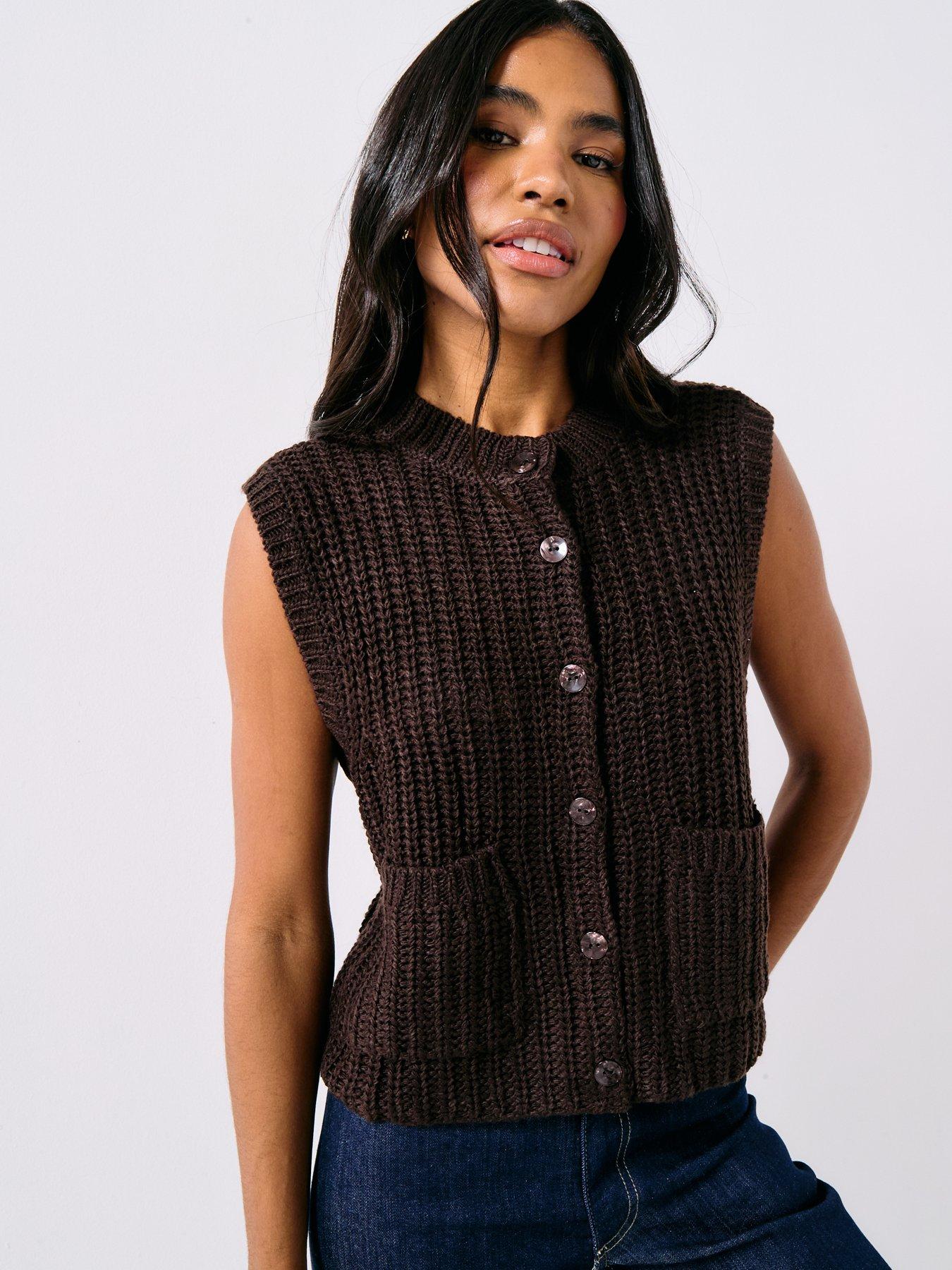 front image of jdy-mabel-o-neck-sleeveless-button-knit-vest-brown