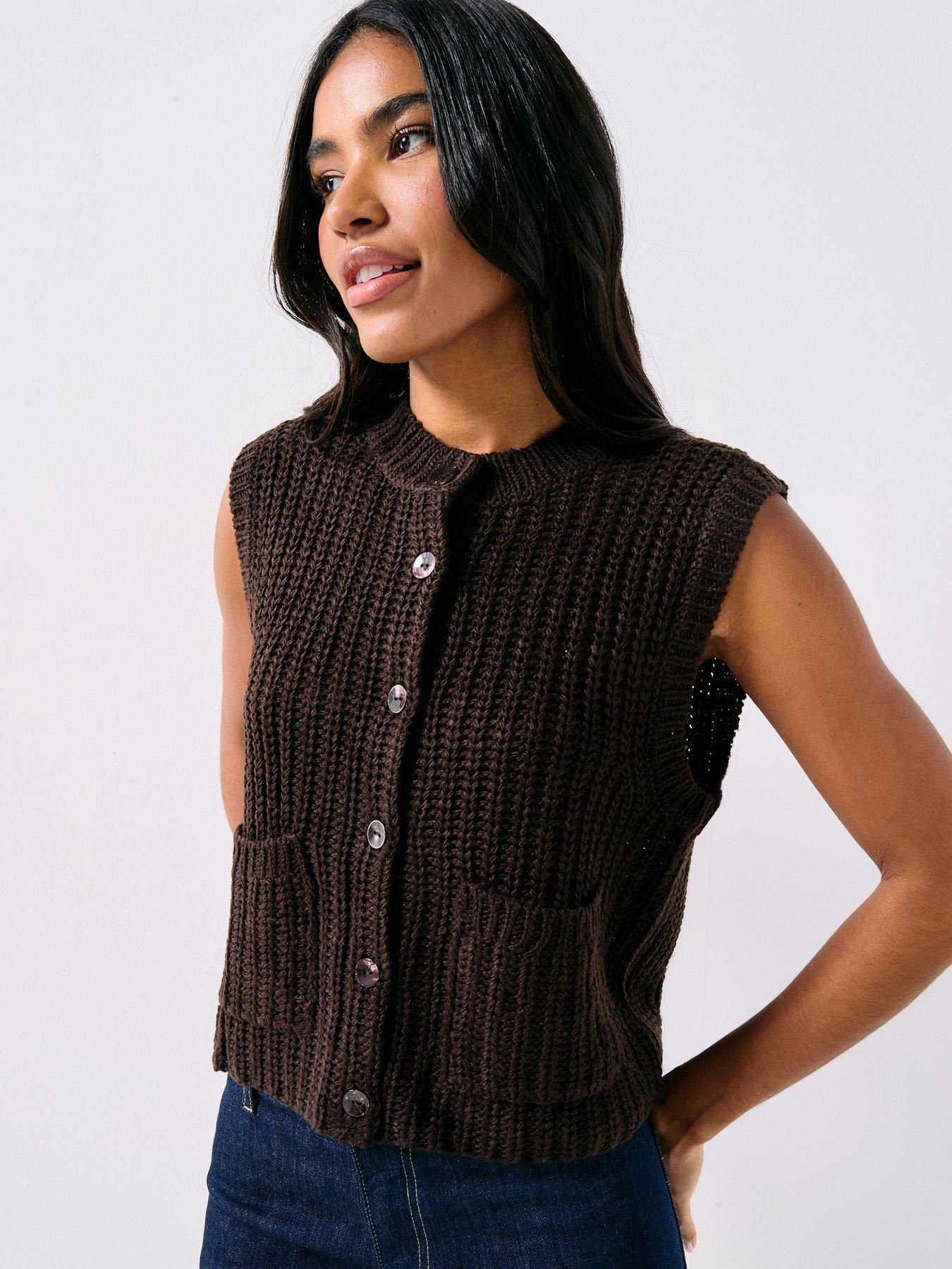  image of jdy-mabel-o-neck-sleeveless-button-knit-vest-brown