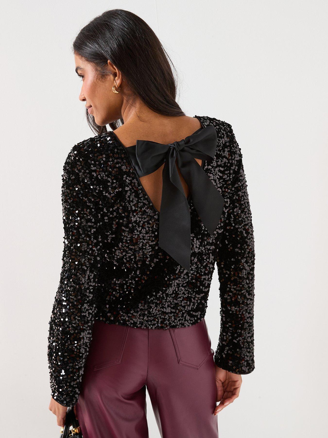  image of only-long-sleeve-sequin-bow-top-black