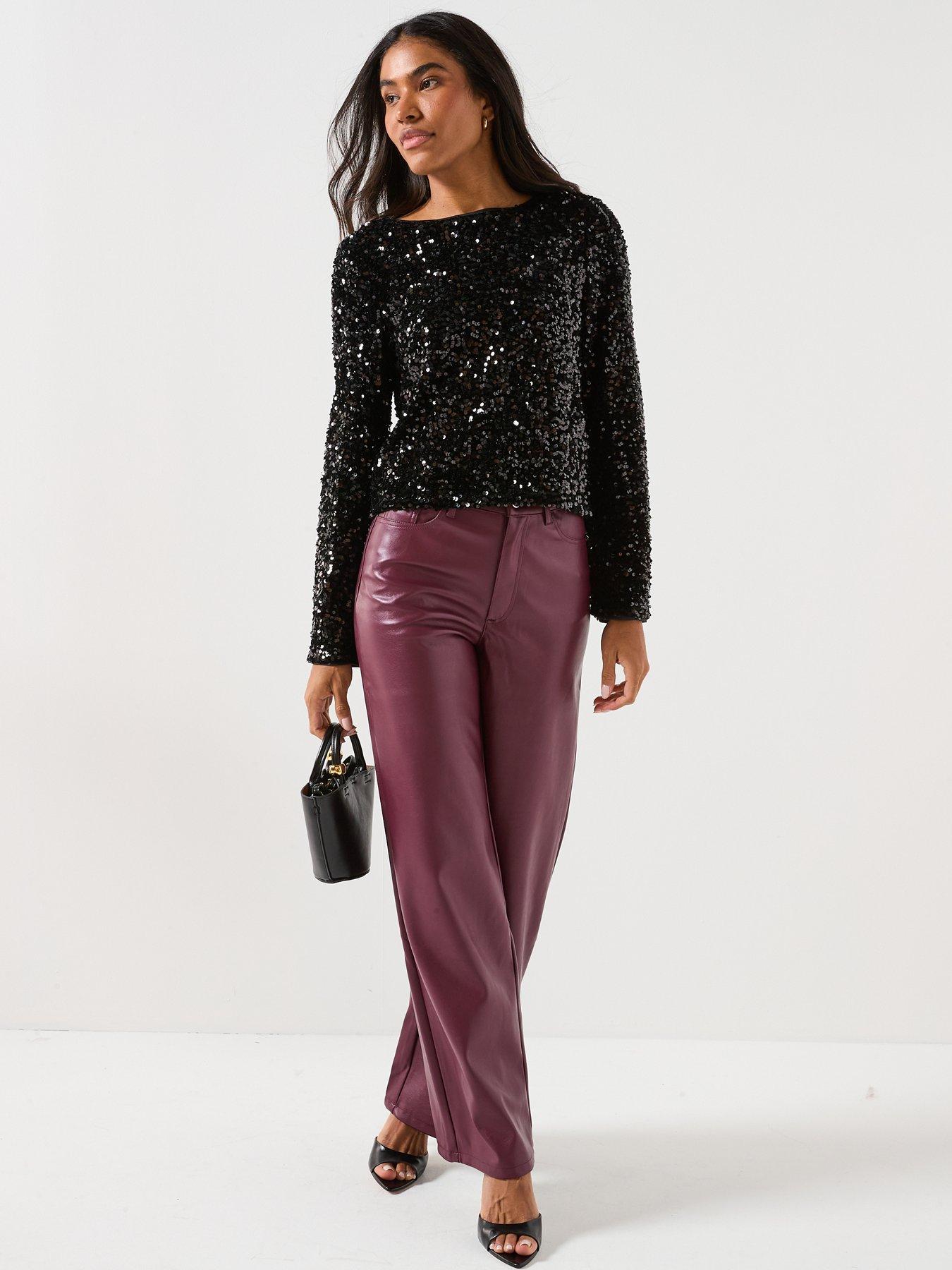  image of only-long-sleeve-sequin-bow-top-black