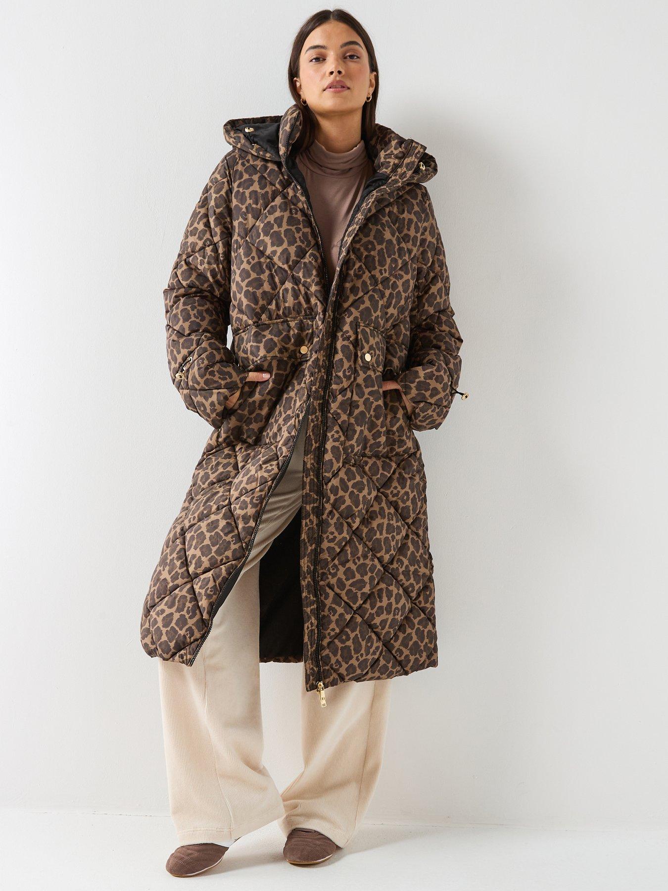 front image of only-longline-animal-print-padded-coat-brown