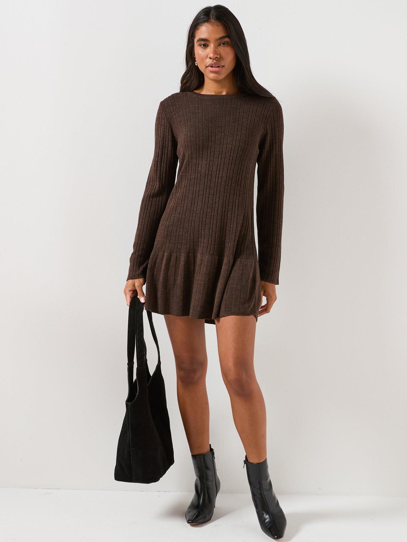Only Onltessie Long Sleeve Ribbed Knit Dress - Brown