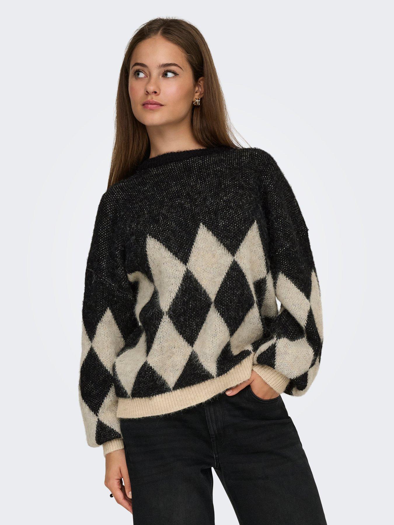 only-life-long-sleeve-argyle-knit-jumper-black